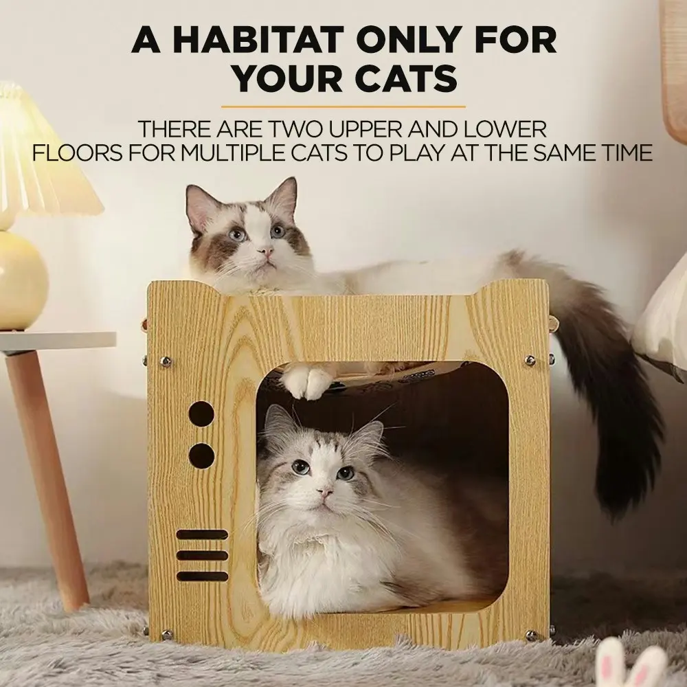 Furbulous Stackable Cat Box Wood House and Cat Nap Hammock in TV Style