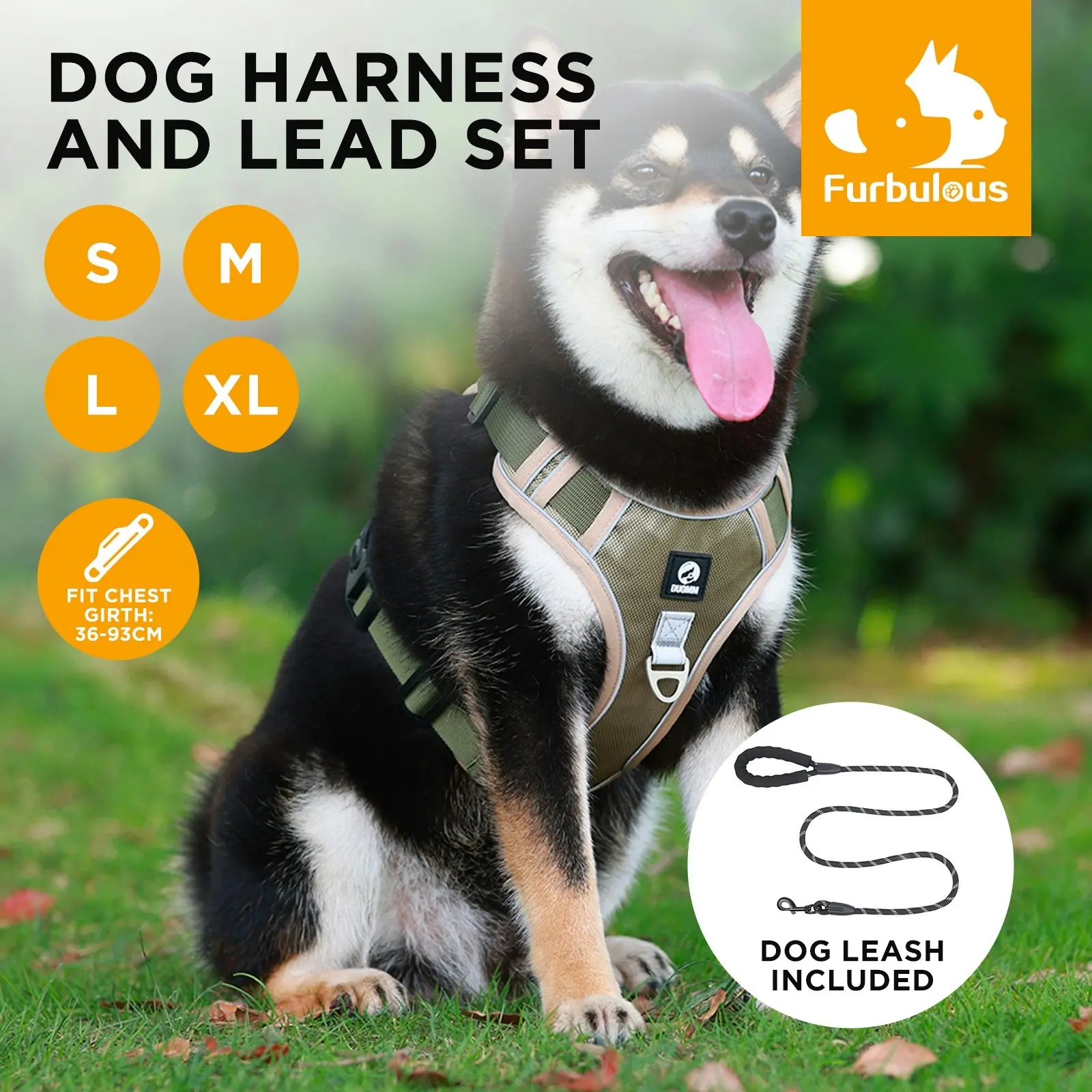 Furbulous Tactical Dog Harness Adjustable No Pull Pet Harness Reflective Working Training Dog Harness with 1.5m Lead - Khaki XL