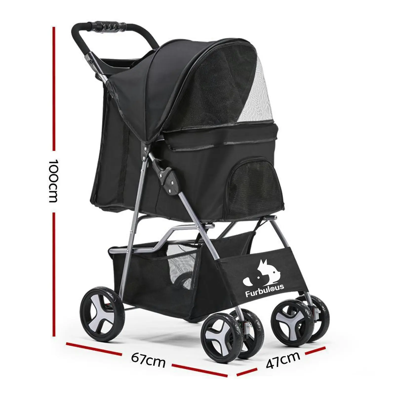 Furbulous Pet Stroller 4 Wheel Foldable Dog Pram Large Cat Travel Carrier - Black