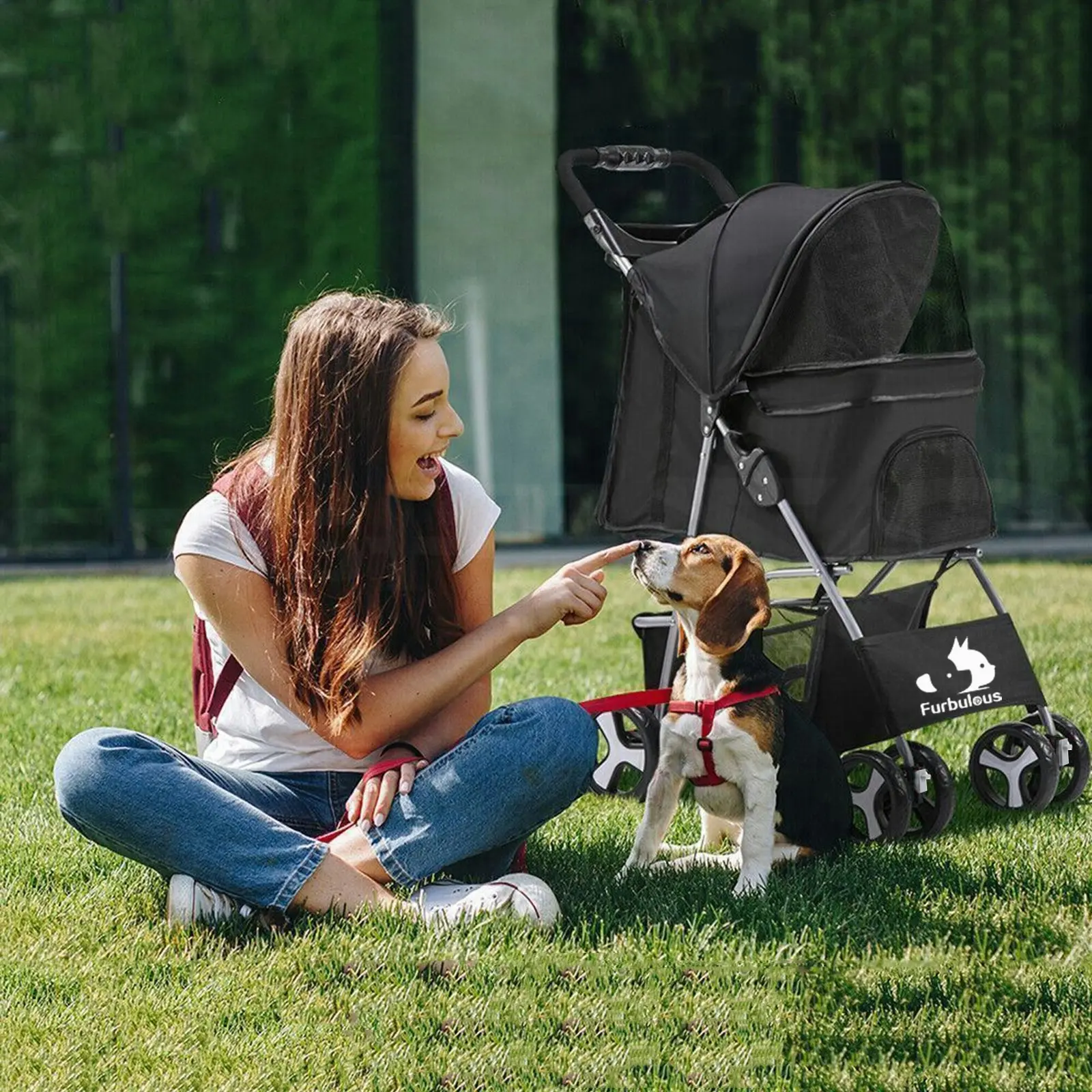 Furbulous Pet Stroller 4 Wheel Foldable Dog Pram Large Cat Travel Carrier - Black