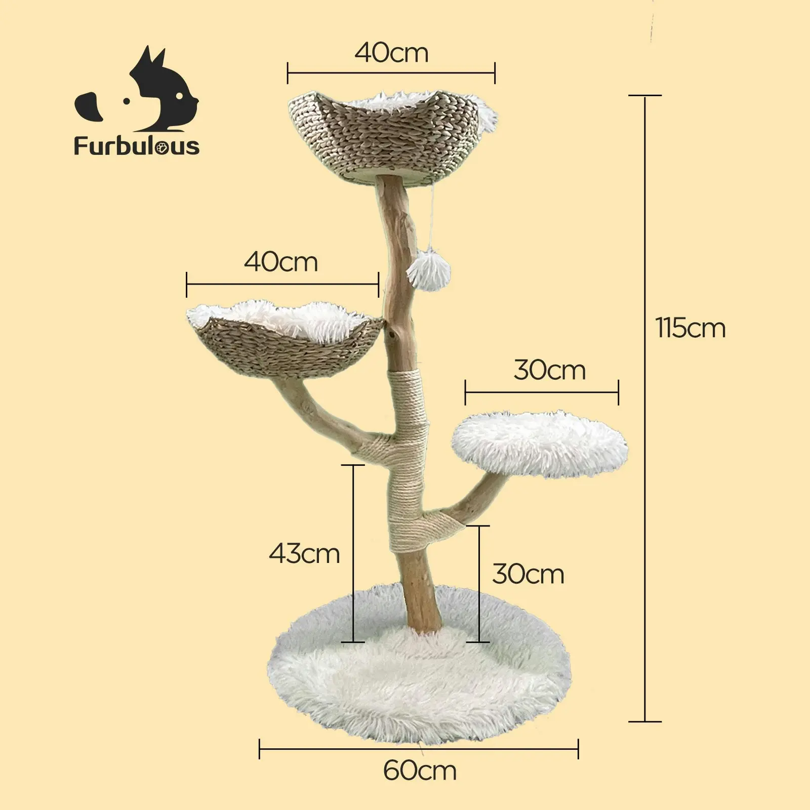 Furbulous Selected Real Wood Cat Tree with Rattan and Plush Fabric - 115cm