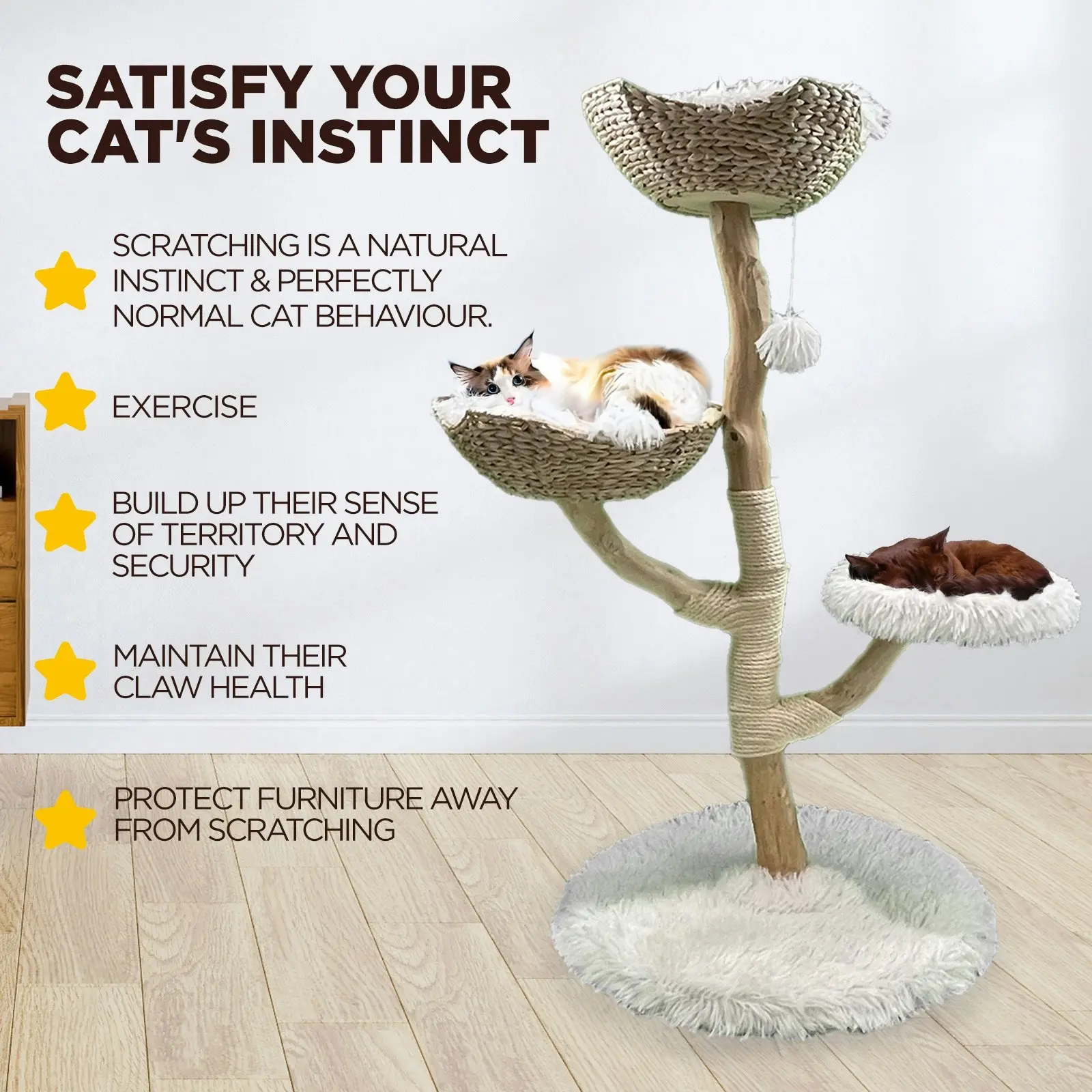 Furbulous Selected Real Wood Cat Tree with Rattan and Plush Fabric - 115cm