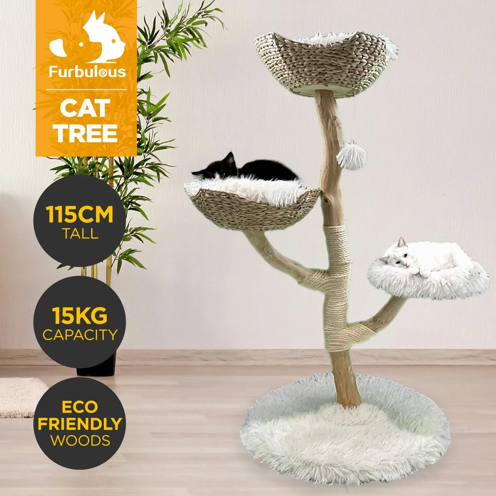 Furbulous Selected Real Wood Cat Tree with Rattan and Plush Fabric - 115cm