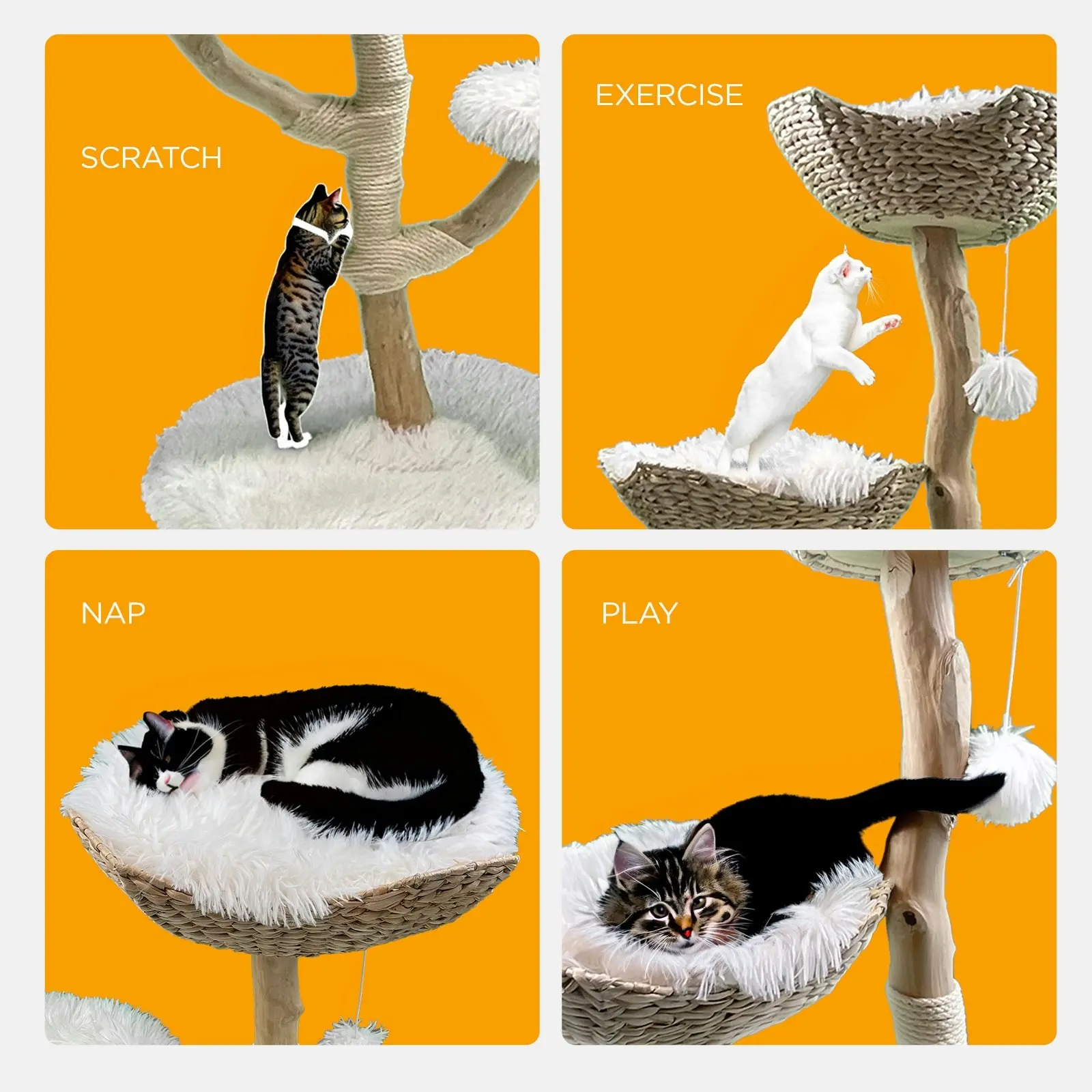 Furbulous Selected Real Wood Cat Tree with Rattan and Plush Fabric - 115cm