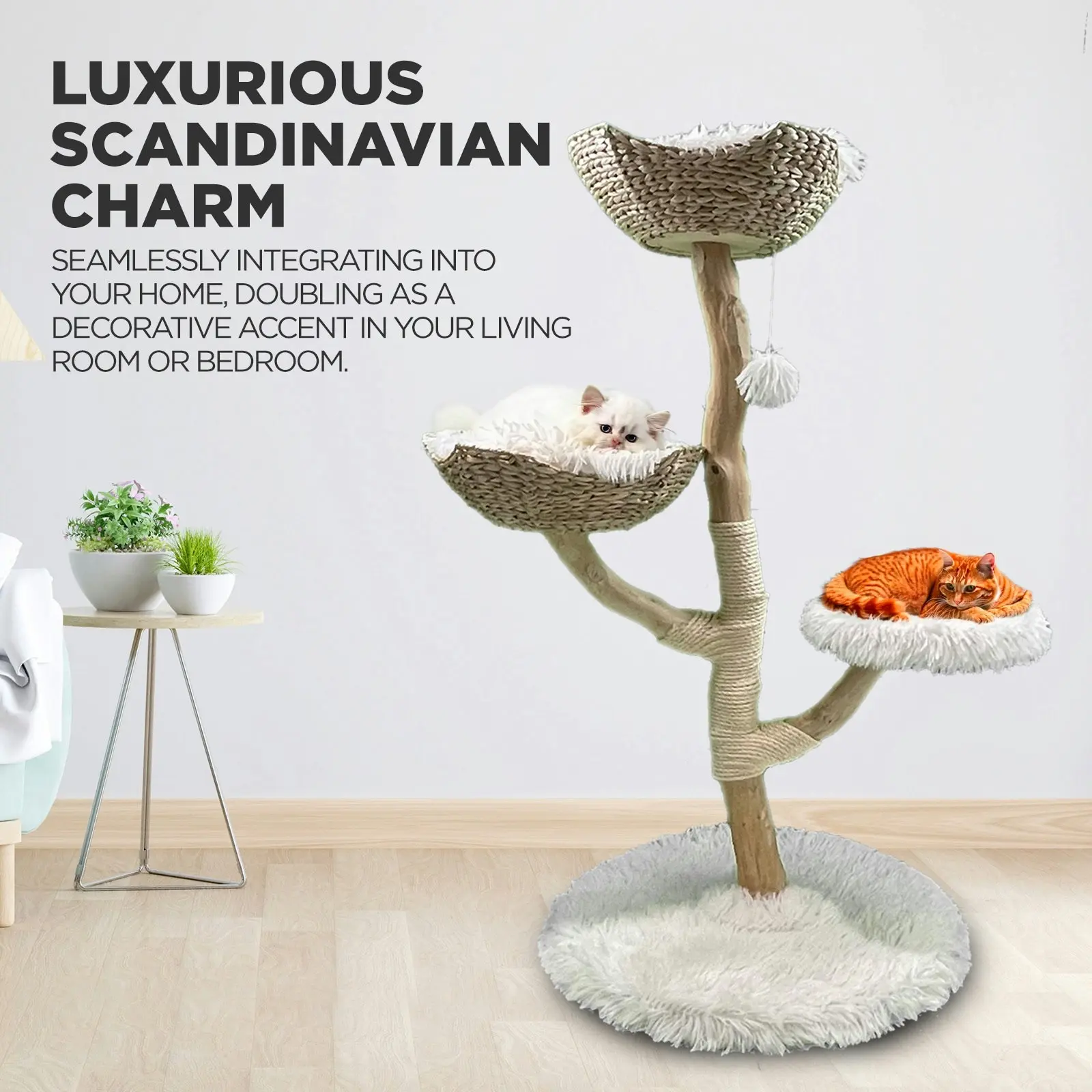 Furbulous Selected Real Wood Cat Tree with Rattan and Plush Fabric - 115cm