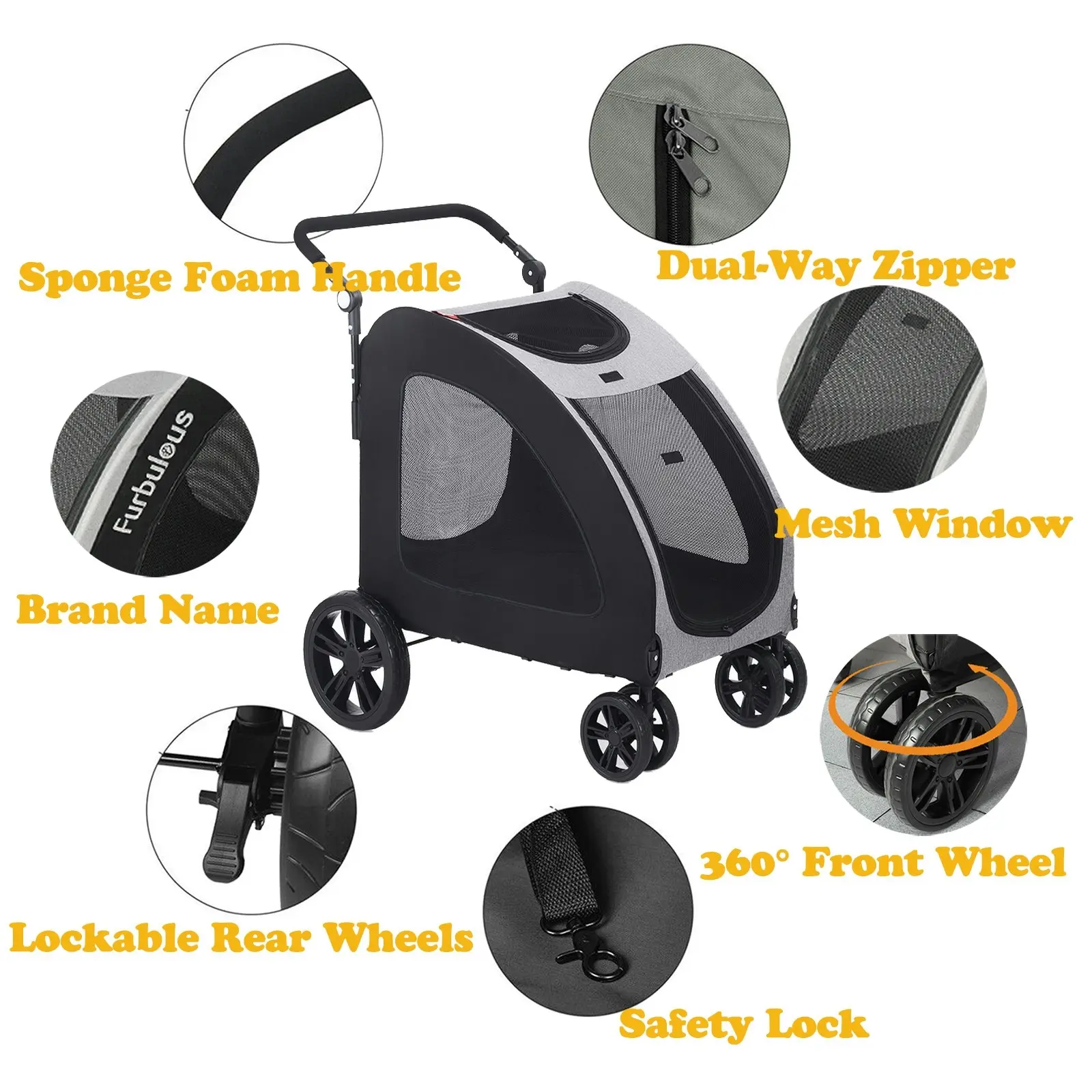 Furbulous Pet Dog Stroller Pram Carrier Cat Travel Foldable 4 Wheels 50kg Capacity - Black