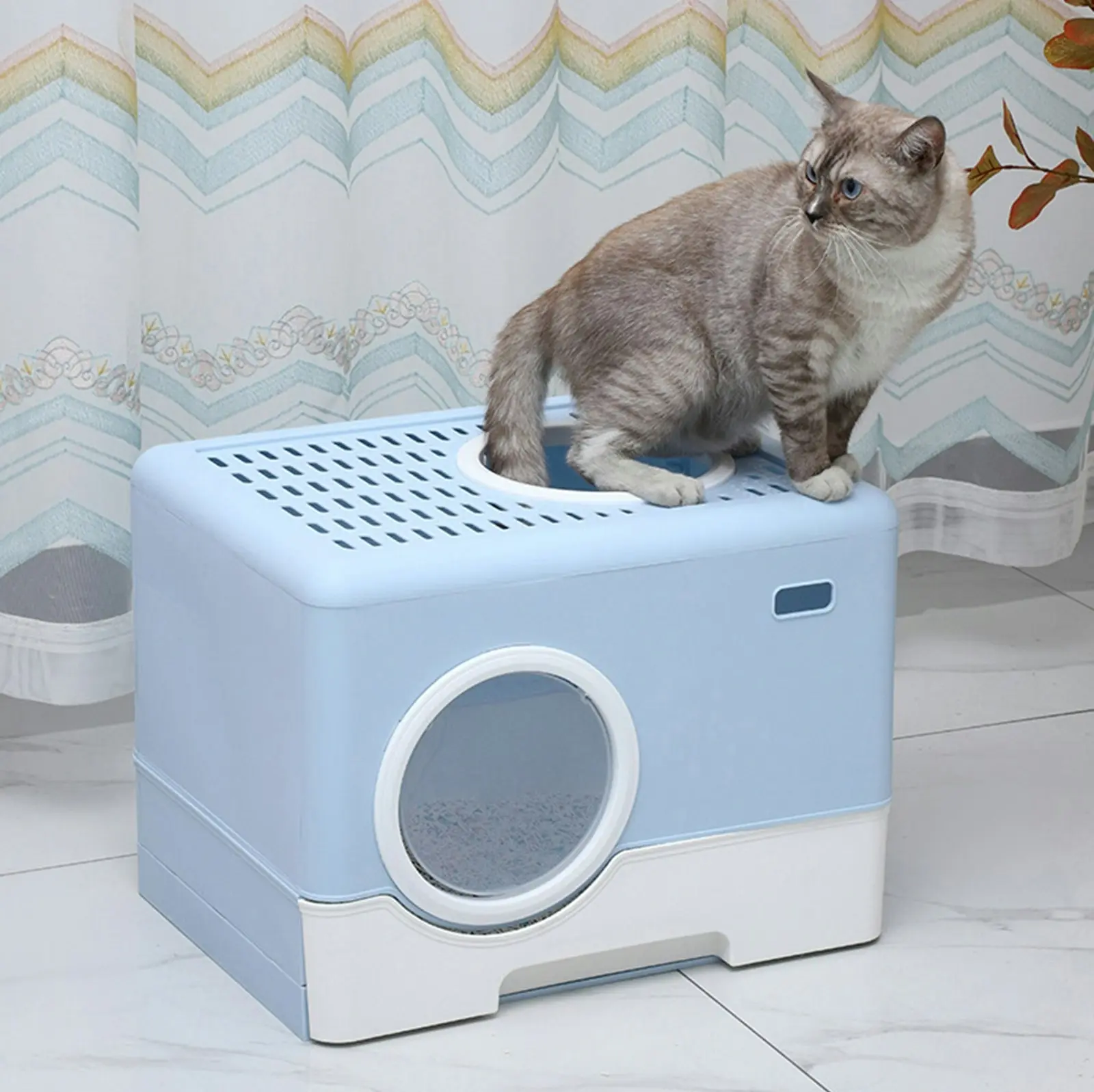 Furbulous Camera Shape Anti-Splashing Enclosed Cat Drawer Litter Box - Blue