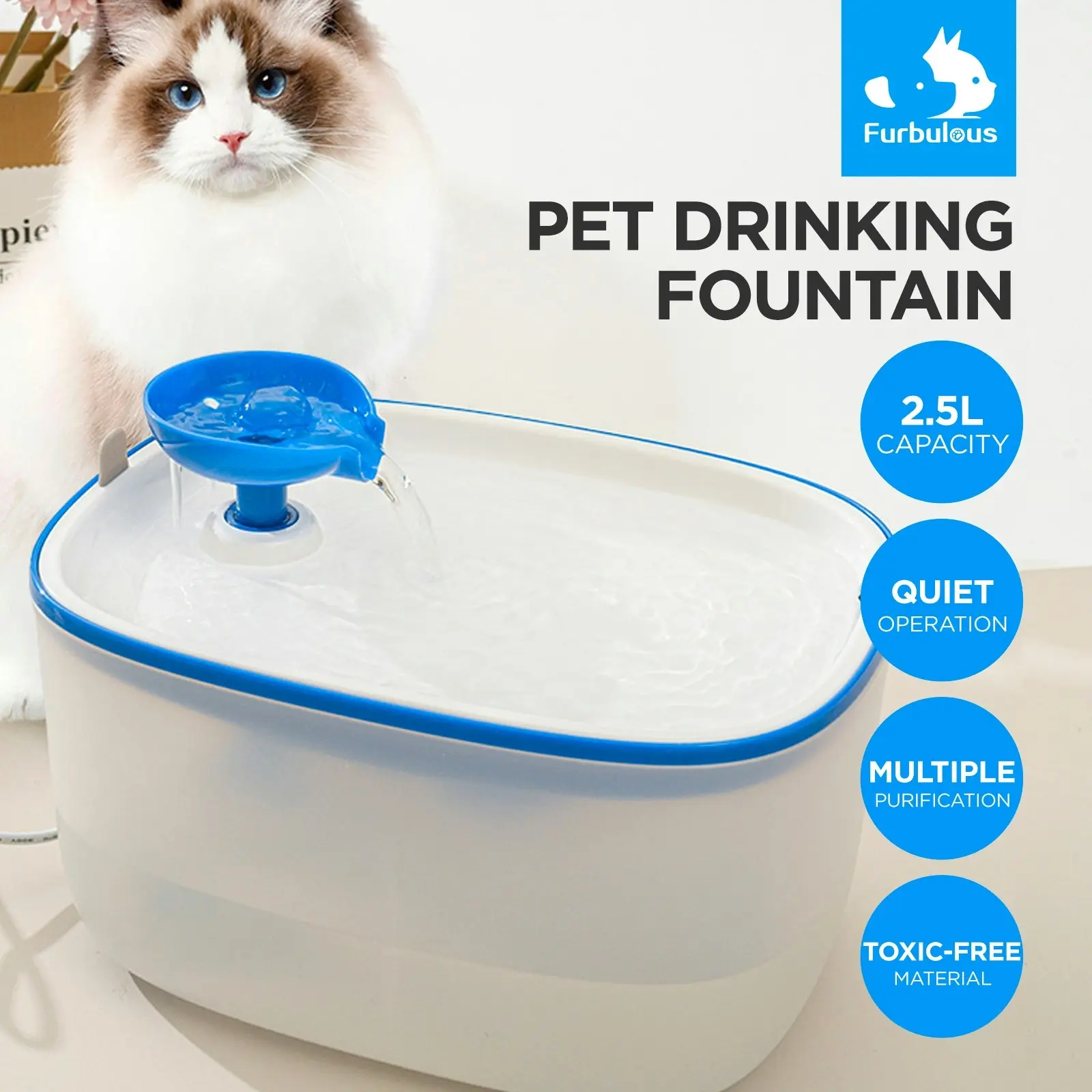 Furbulous 2.5L Cat Water Fountain, Automatic Pet Drinking Fountain Dispenser - Steel