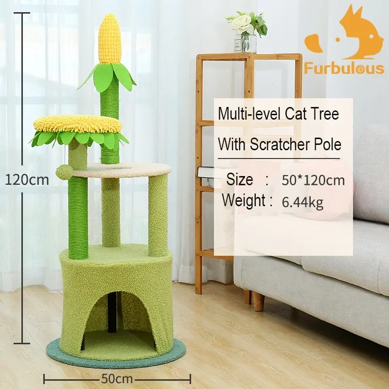 Furbulous Daisy Cat Tree Multilevel Cat Tower with Scratching Pole and Resting Platform