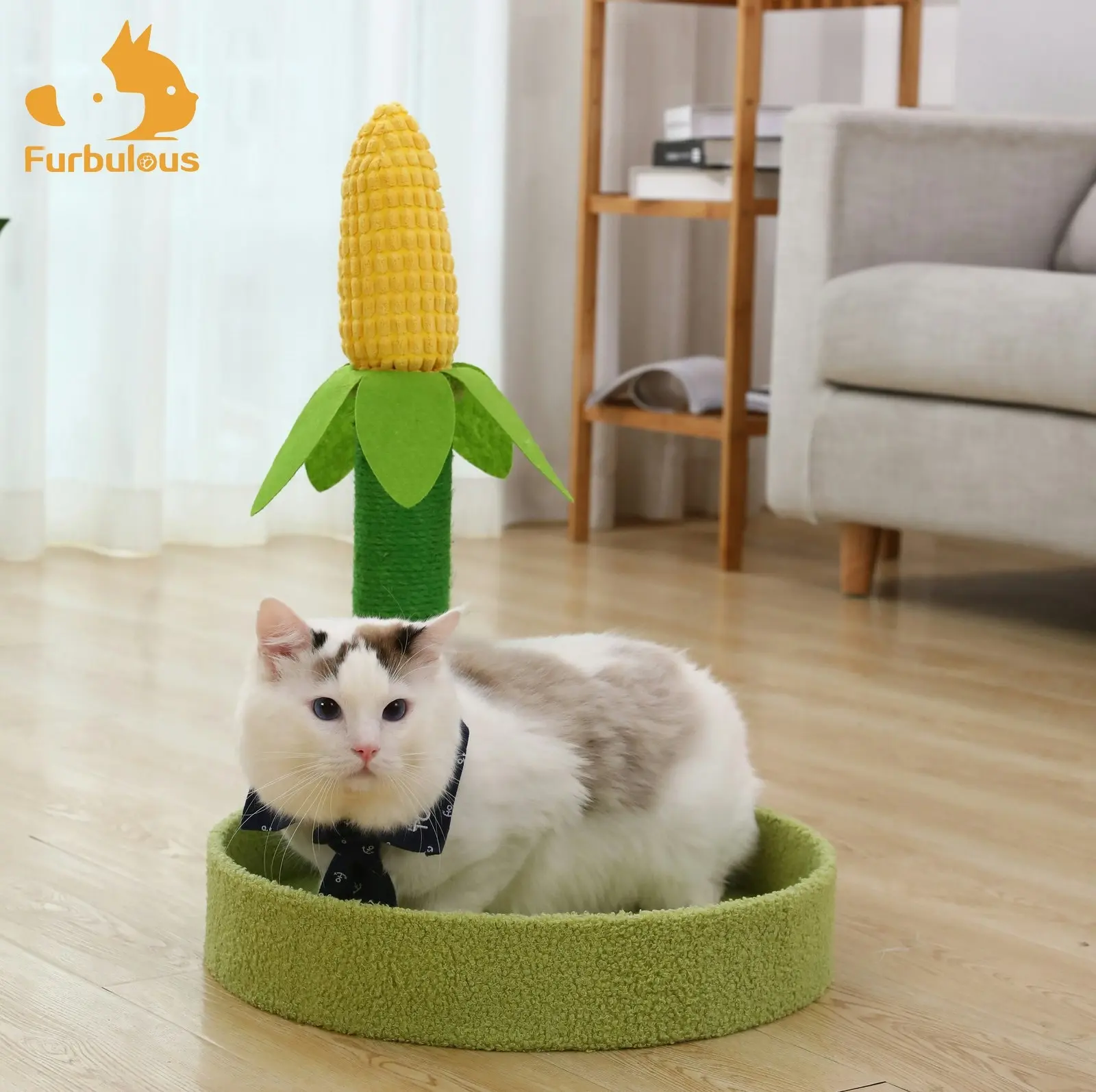 Furbulous Corn Cob Cat Scratching Post with Calming Cat Bed Fluffing soft for Kitty to Rest and Sleep