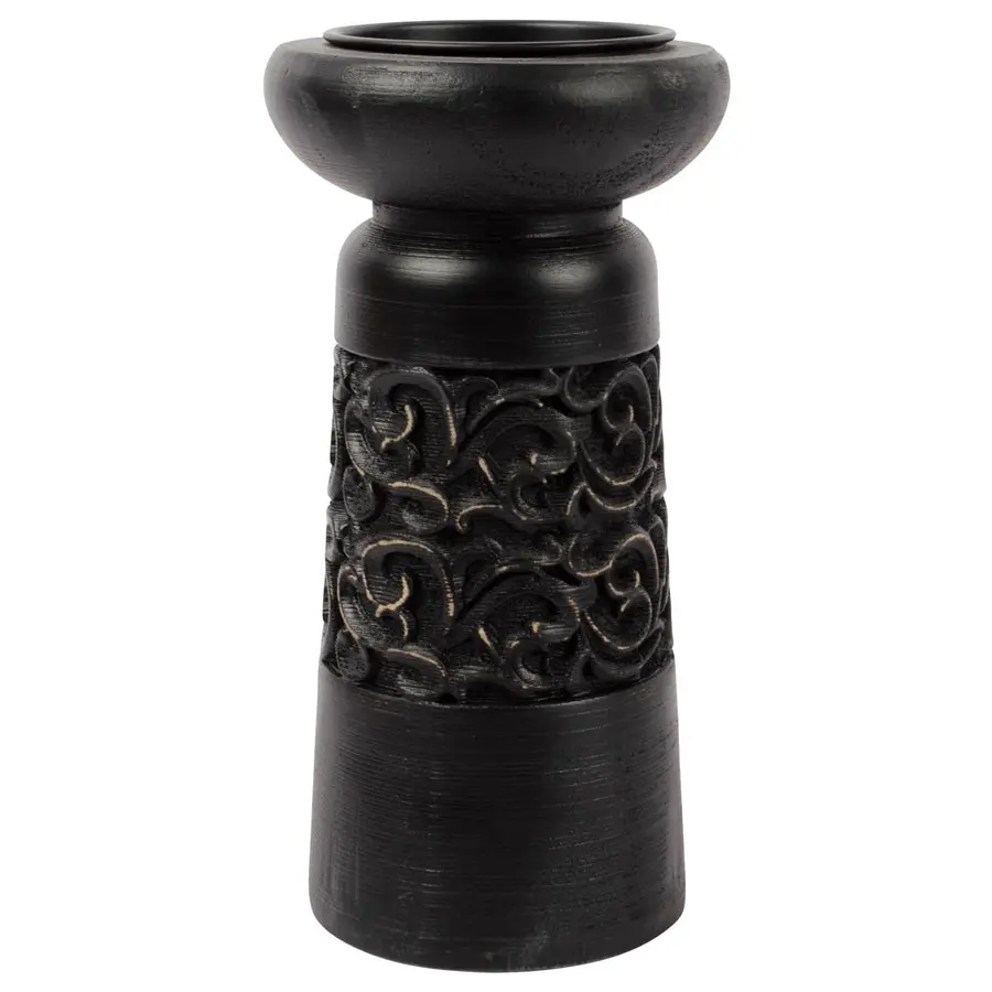 Willow & Silk Vintage 23.5cm Black Wooden Carved Pillar Candle Holder