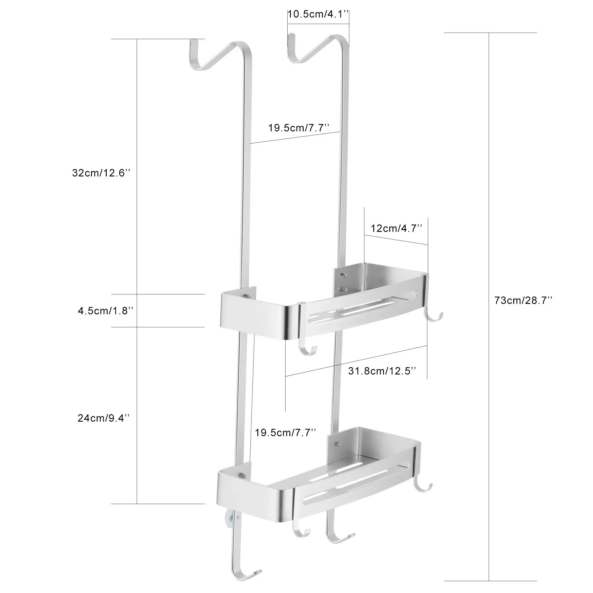 2 Tier Bathroom Shower Caddy Aluminium Alloy Rust Free Waterproof Bath Storage Rack Organizer - Silver