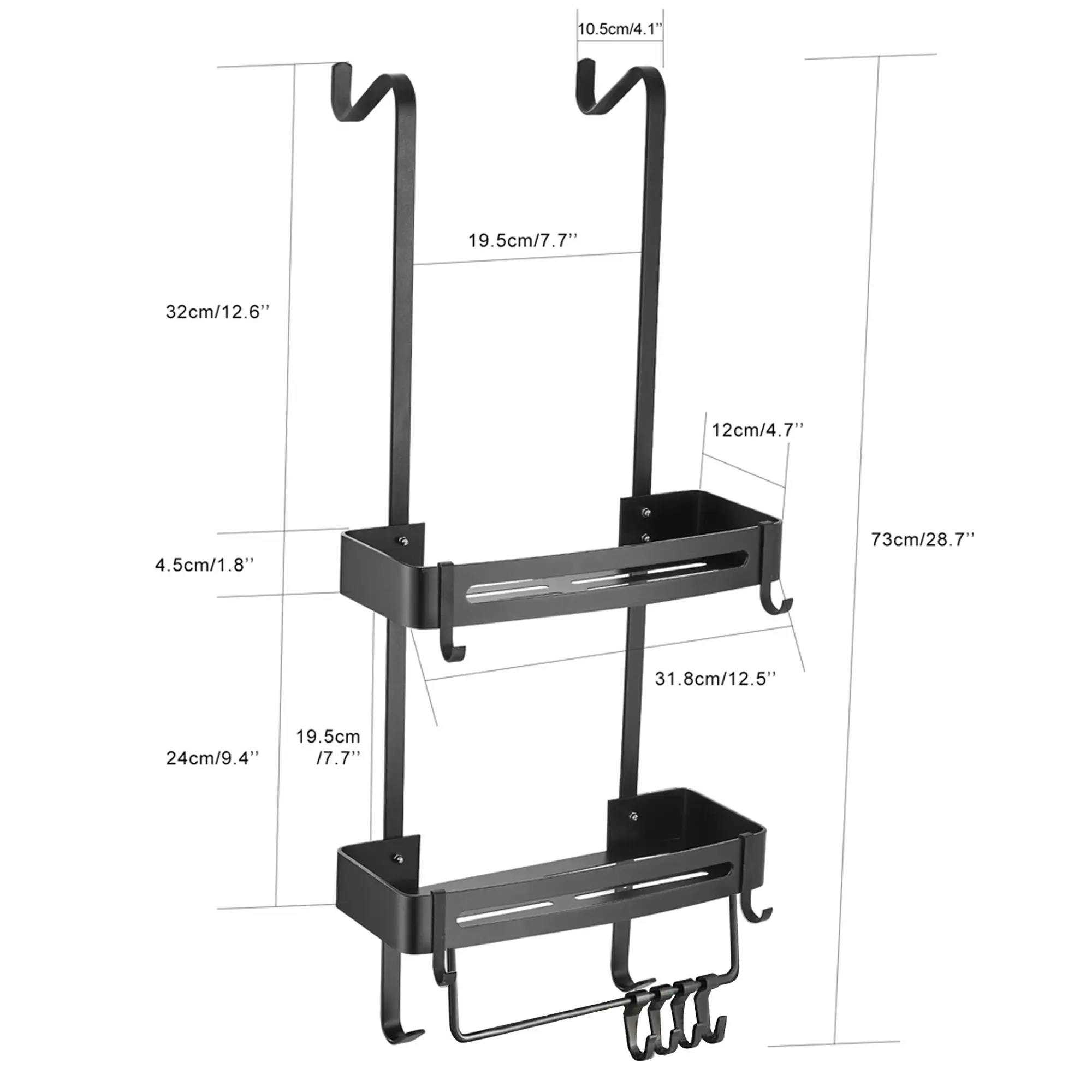 2 Tier Bathroom Shower Caddy Aluminium Alloy Rust Free Waterproof Bath Storage w/ Crossbar Rack- Carbon Grey