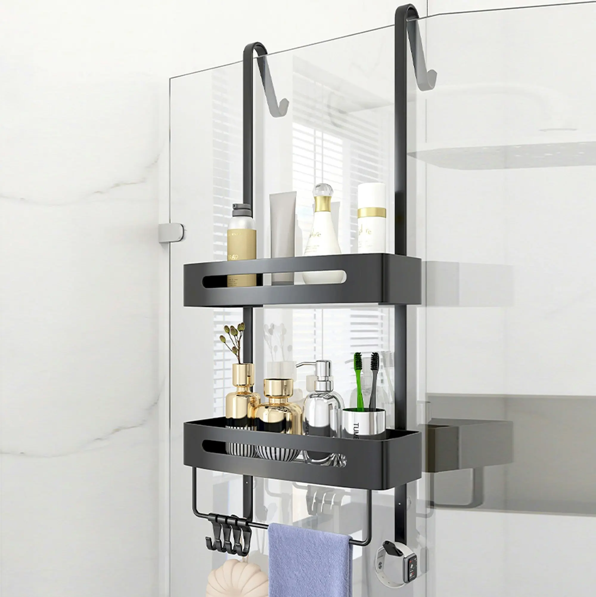 2 Tier Bathroom Shower Caddy Aluminium Alloy Rust Free Waterproof Bath Storage w/ Crossbar Rack- Carbon Grey