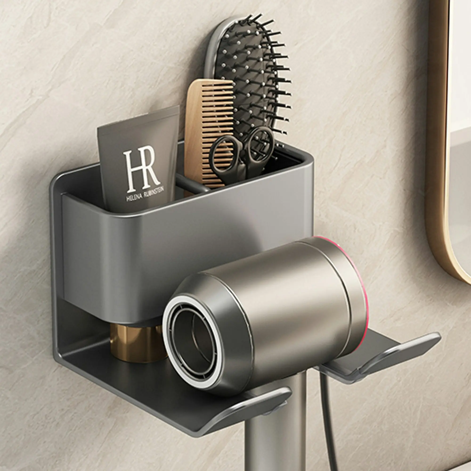 Hair Dryer Holder Caddy Aluminium Alloy Bathroom Storage Shelf Rust Free Wall Mounted - Carbon Grey