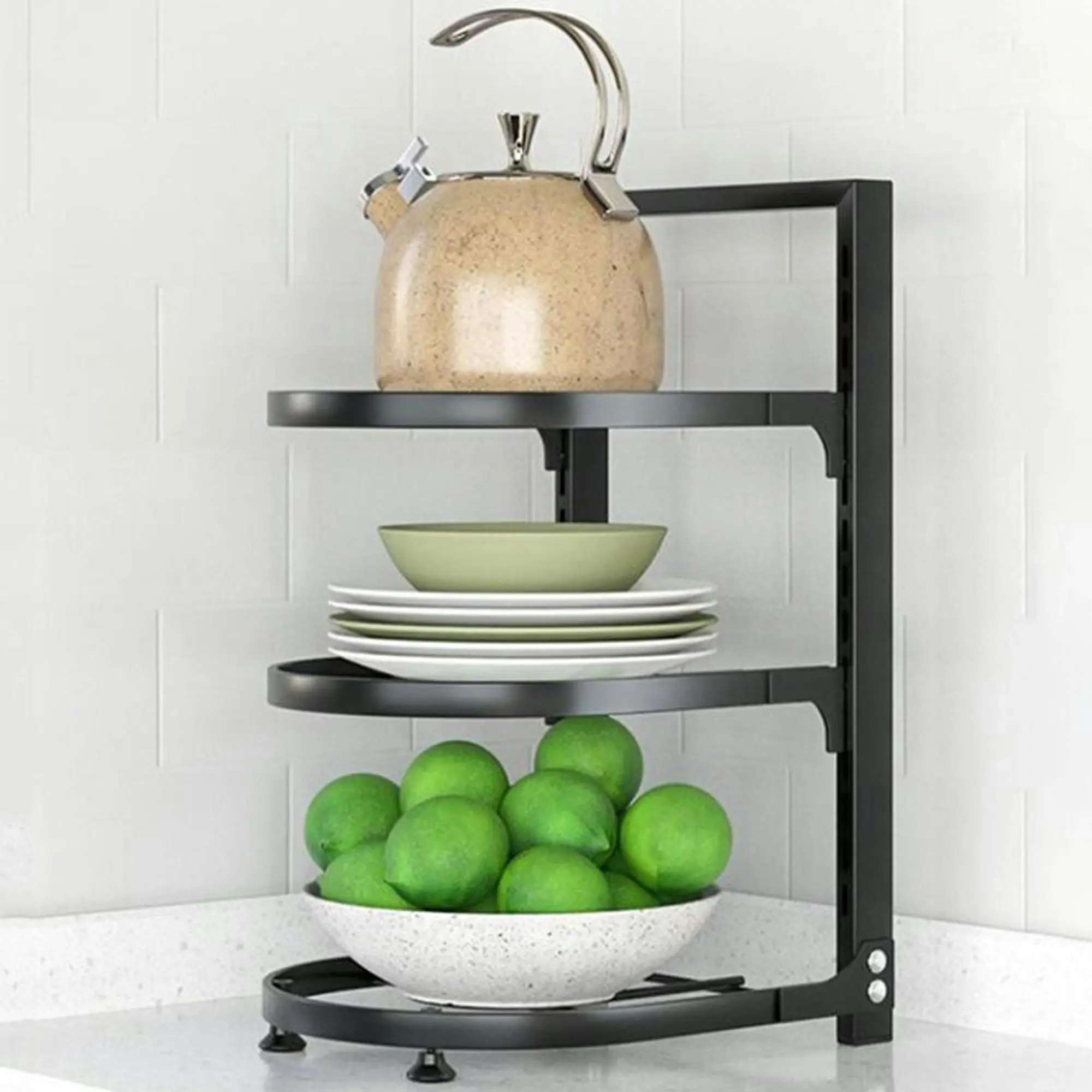 3 Tier Pot Rack Organizer Pan Storage Shelf Adjustable Shelves Lid Holder Wall Mountable