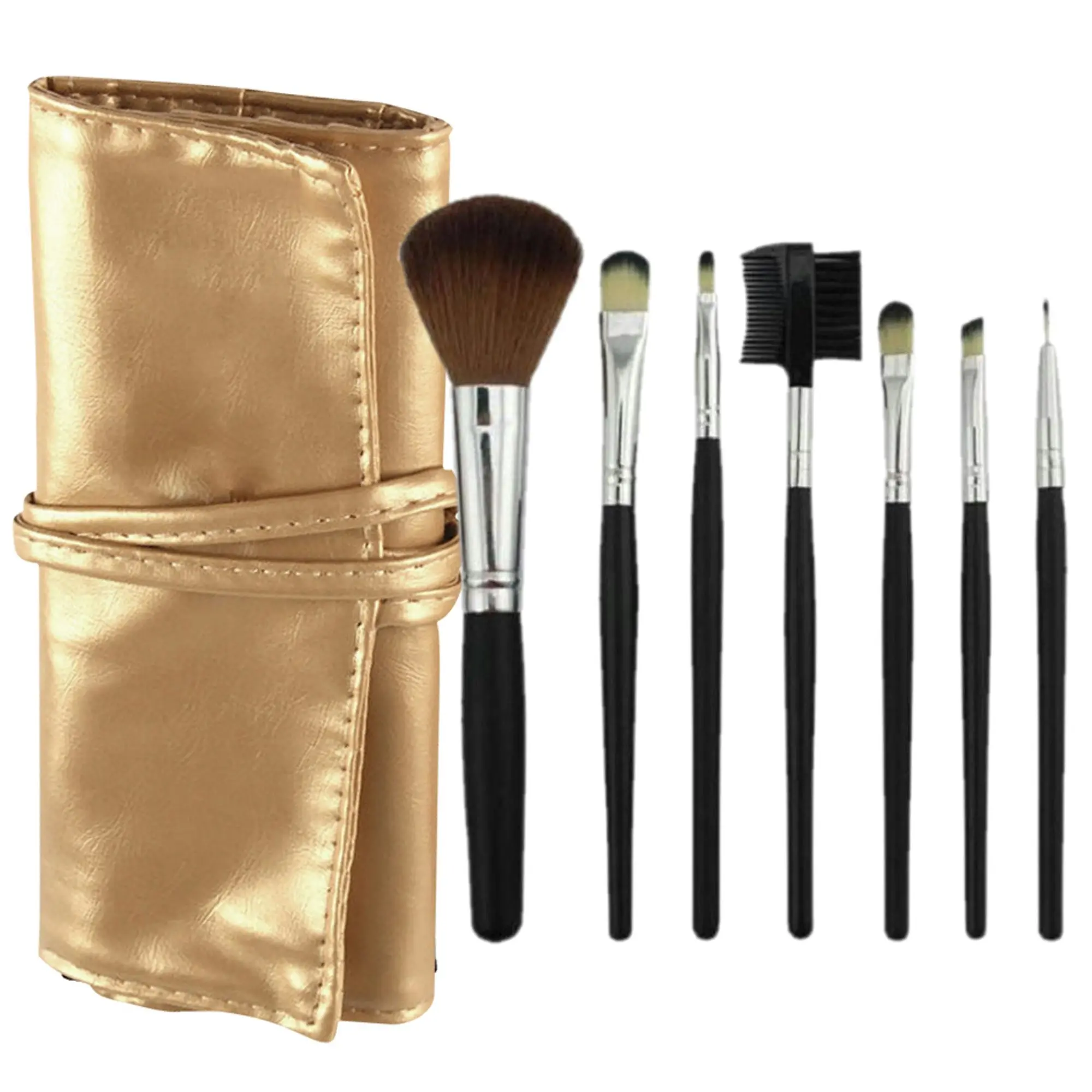 7 Piece Professional Makeup Brush Set Soft Bristle Carry Case Gold