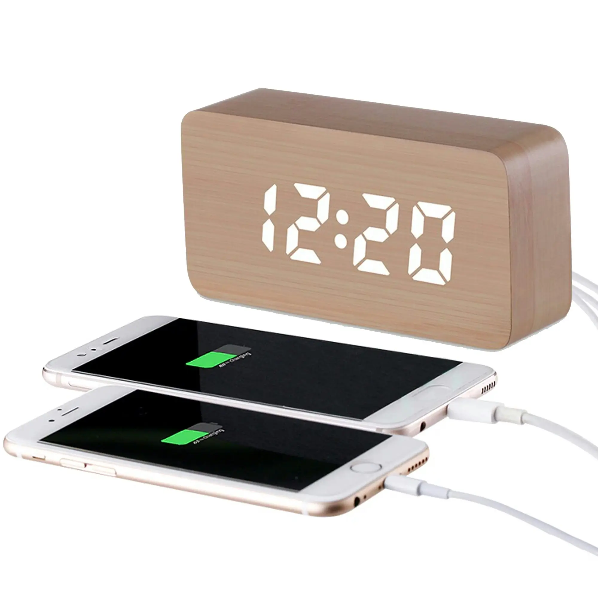 Todo LED Digital Alarm Clock 3 Alarm 115 Colour Display USB Power Woodgrain - Beige