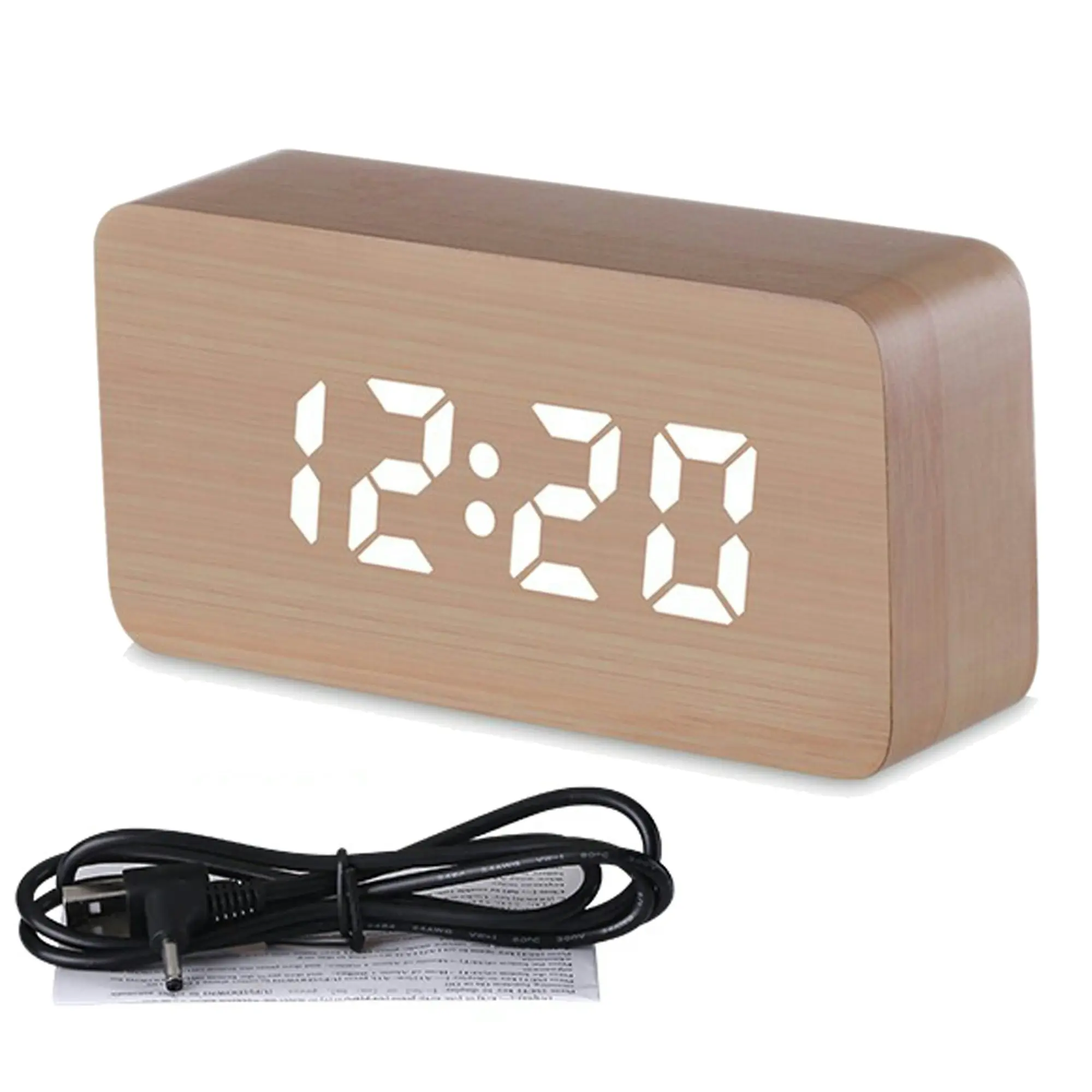 Todo LED Digital Alarm Clock 3 Alarm 115 Colour Display USB Power Woodgrain - Beige