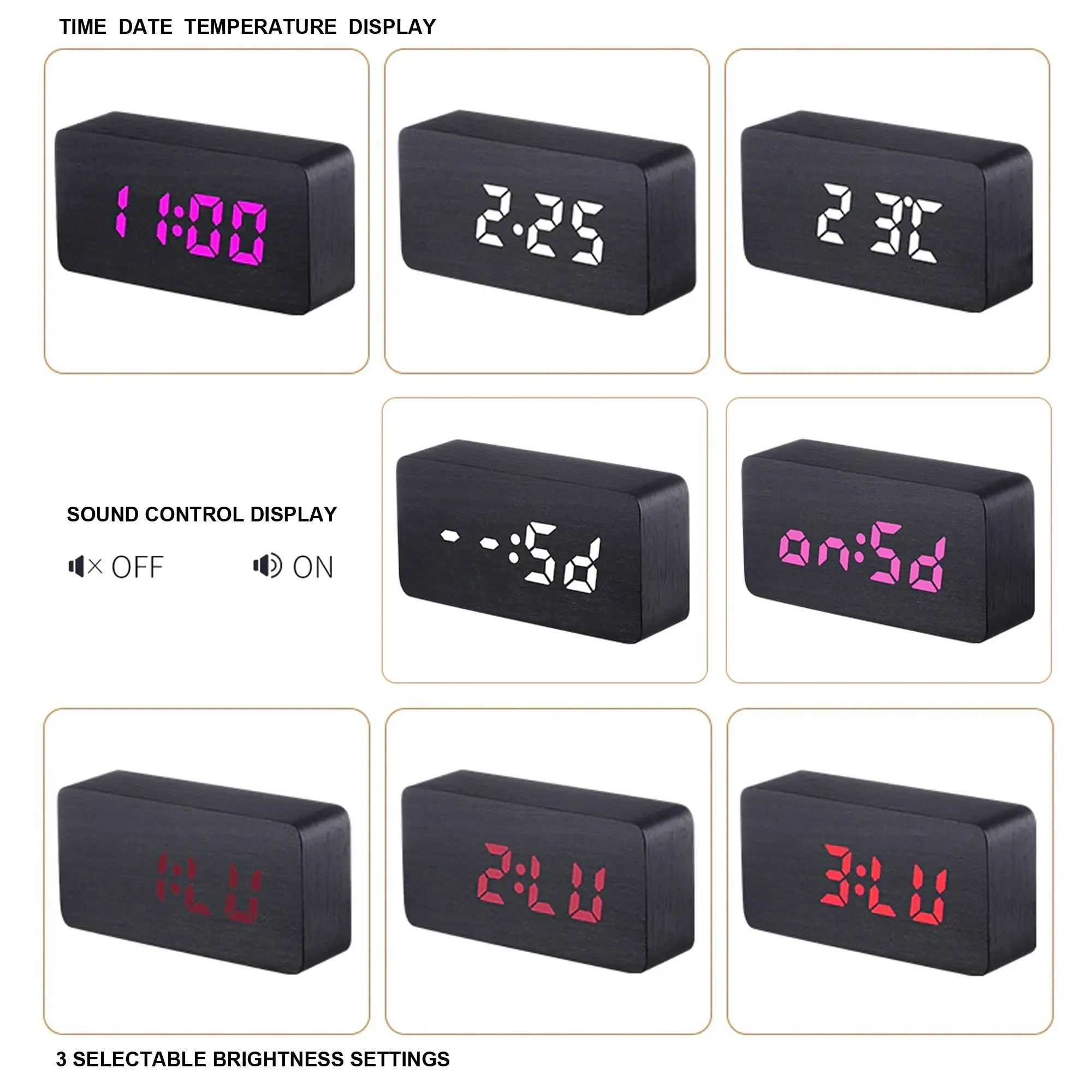 Todo LED Digital Alarm Clock 3 Alarm 115 Colour Display USB Power Woodgrain - Beige