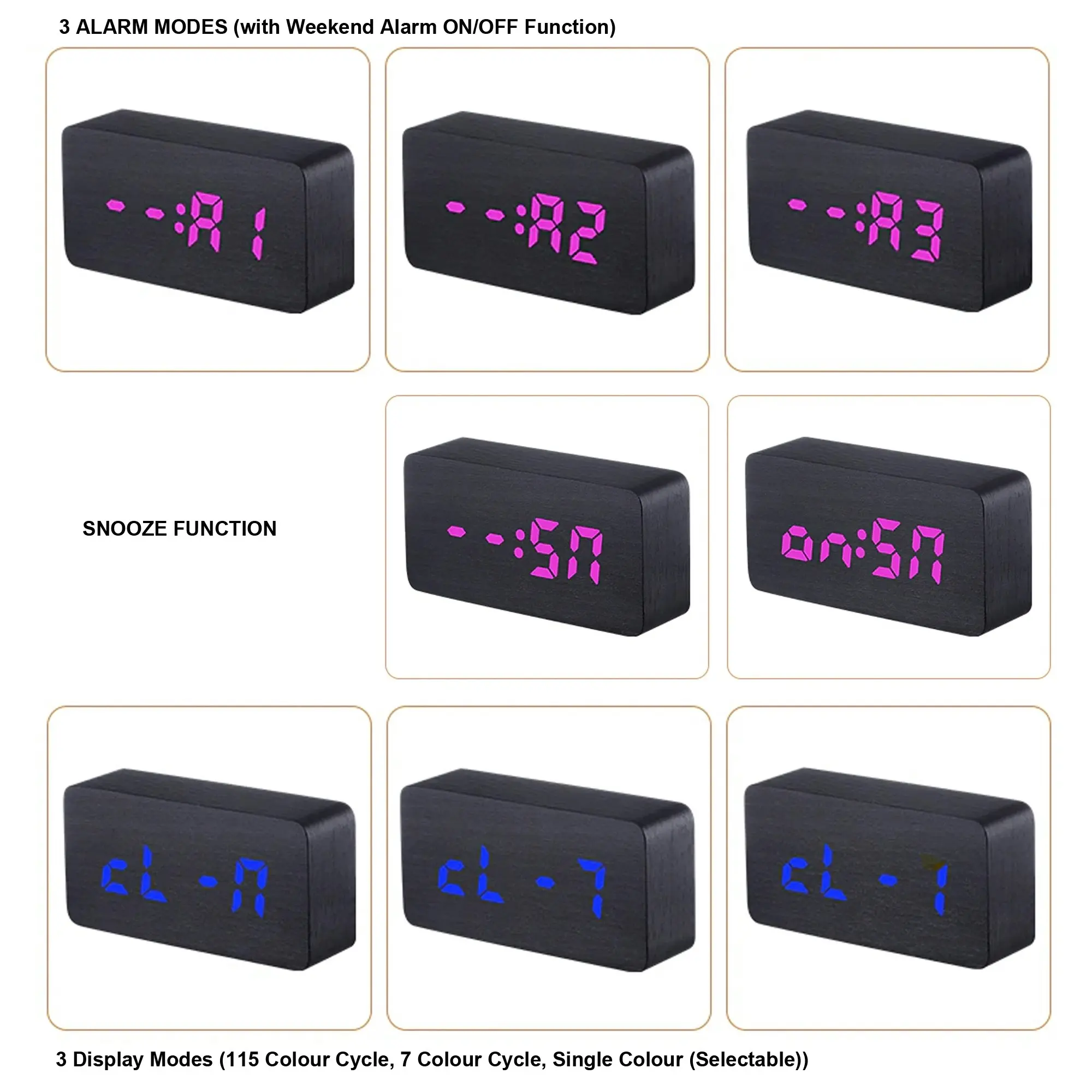 Todo LED Digital Alarm Clock 3 Alarm 115 Colour Display USB Power Woodgrain - Black