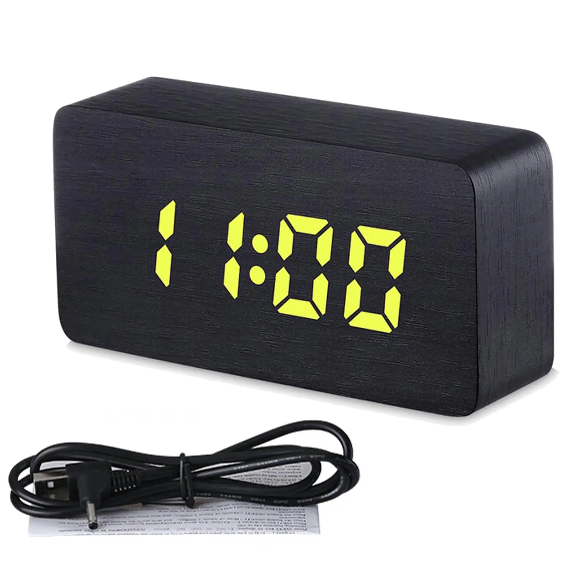 Todo LED Digital Alarm Clock 3 Alarm 115 Colour Display USB Power Woodgrain - Black