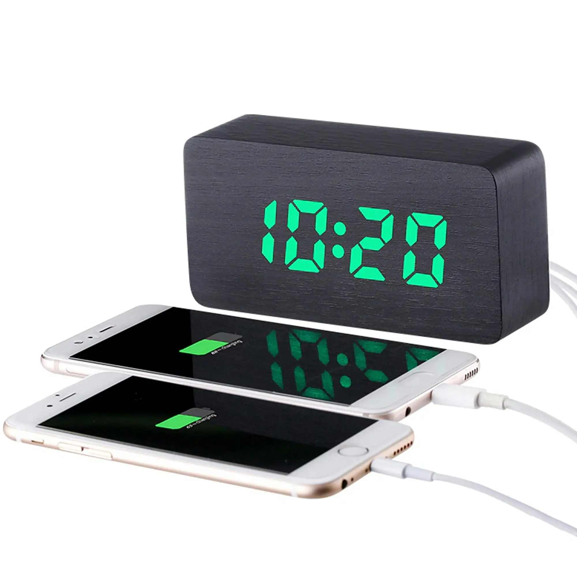 Todo LED Digital Alarm Clock 3 Alarm 115 Colour Display USB Power Woodgrain - Black