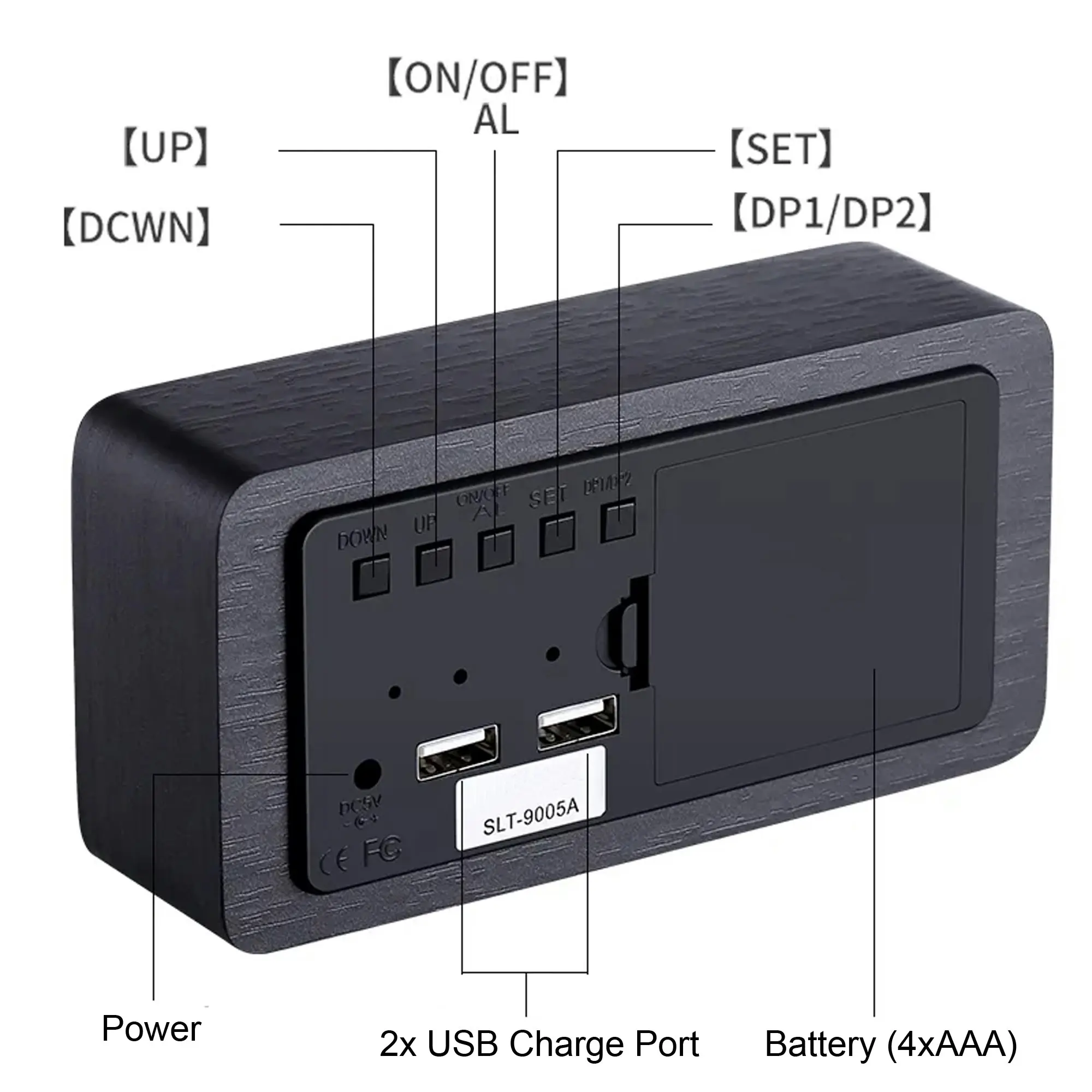 Todo LED Digital Alarm Clock 3 Alarm 115 Colour Display USB Power Woodgrain - Black