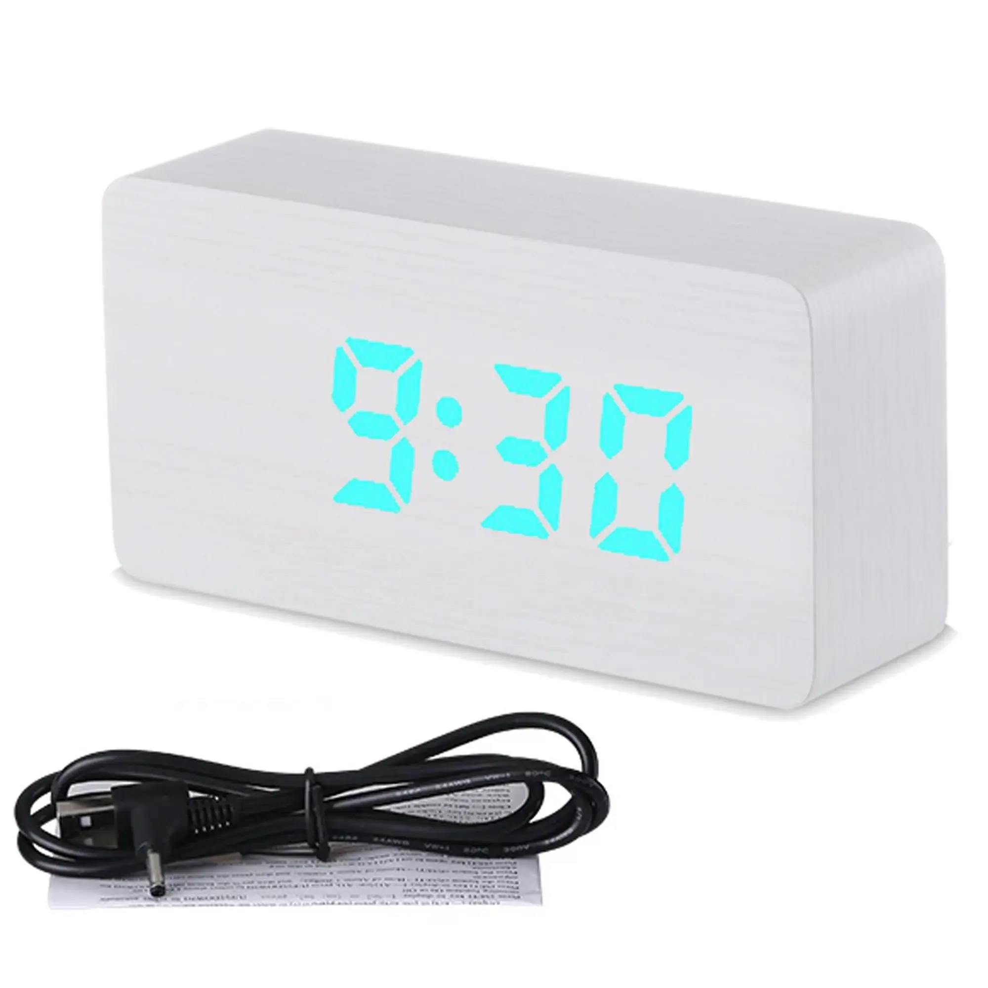 Todo LED Digital Alarm Clock 3 Alarm 115 Colour Display USB Power Woodgrain - White