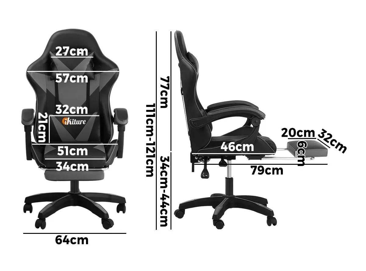 Oikiture Massage Gaming Chair Lumbar Support Height Adjustable Swivel Seat Headrest for Office Black&Grey