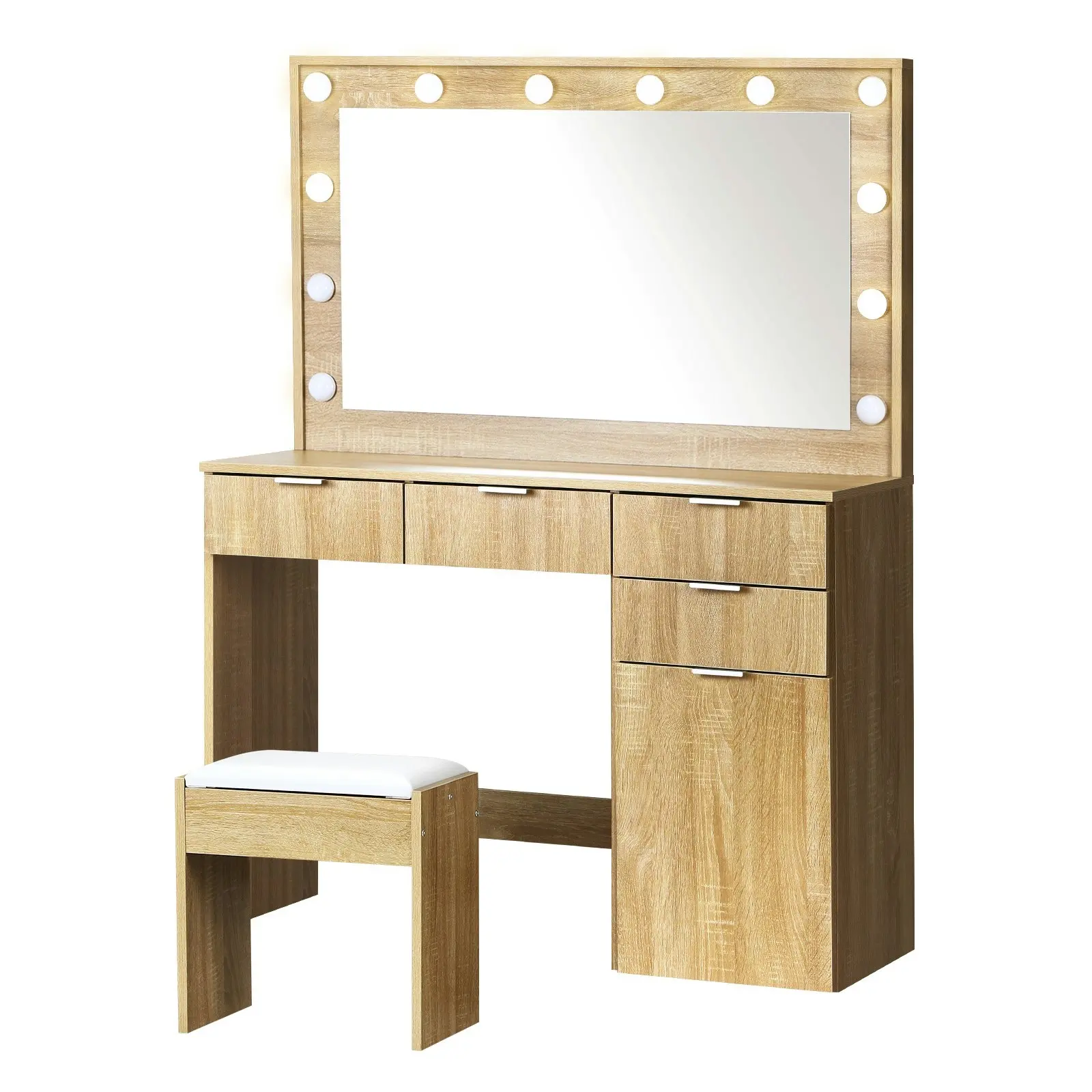 Oikiture Dressing Table Stool Set Makeup Large Mirror Dresser 12 LED Bulbs Oak