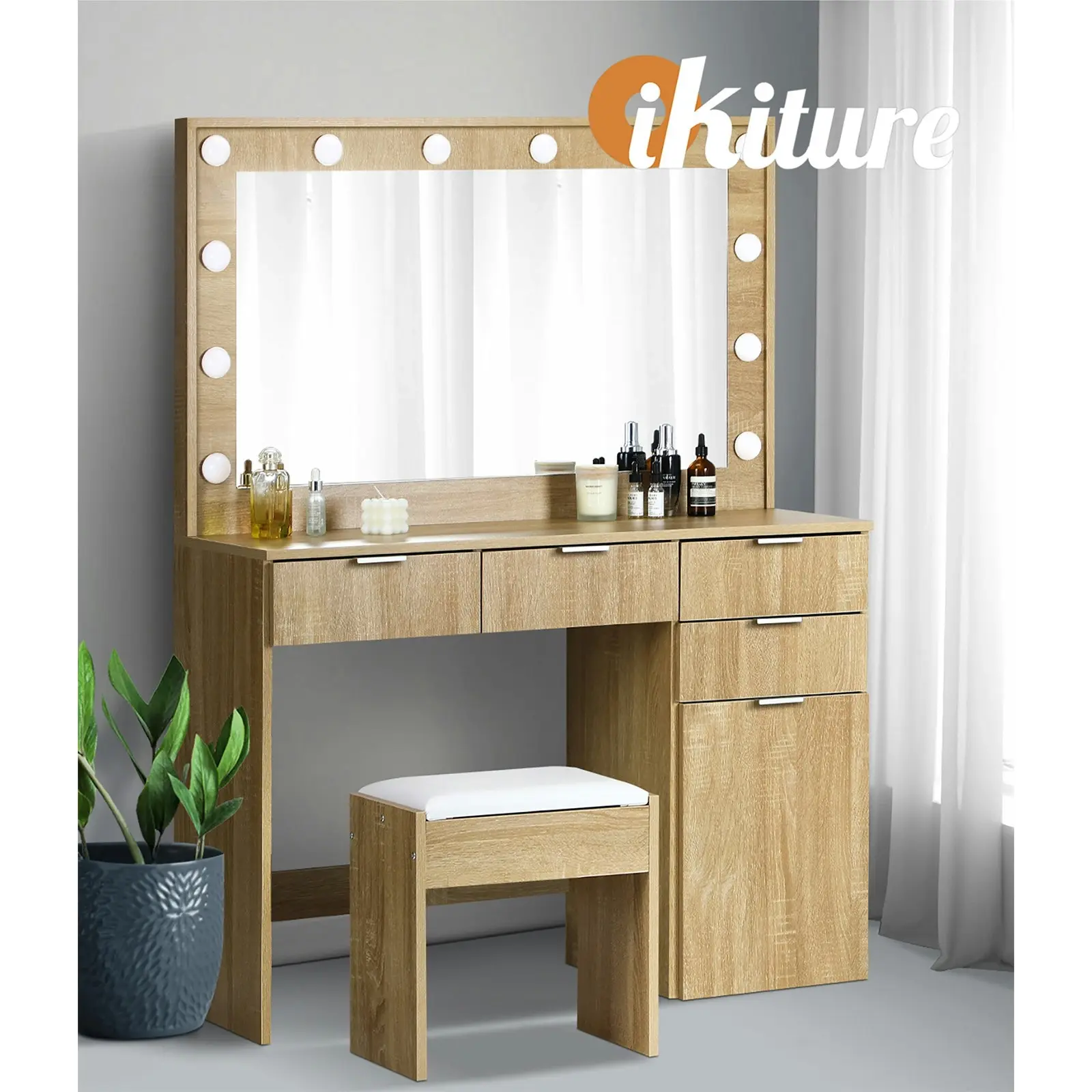 Oikiture Dressing Table Stool Set Makeup Large Mirror Dresser 12 LED Bulbs Oak