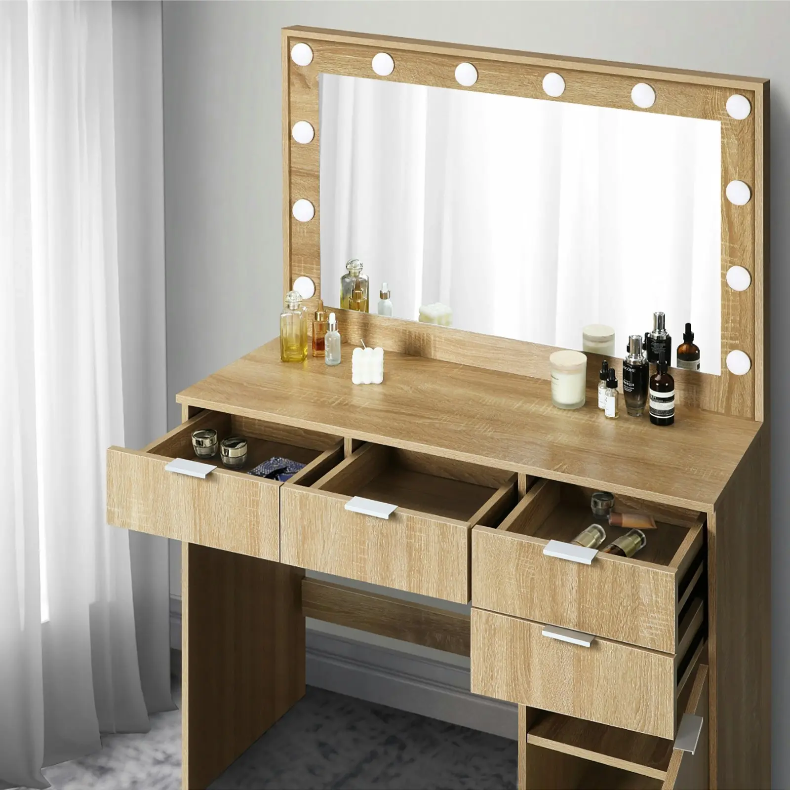 Oikiture Dressing Table Stool Set Makeup Large Mirror Dresser 12 LED Bulbs Oak