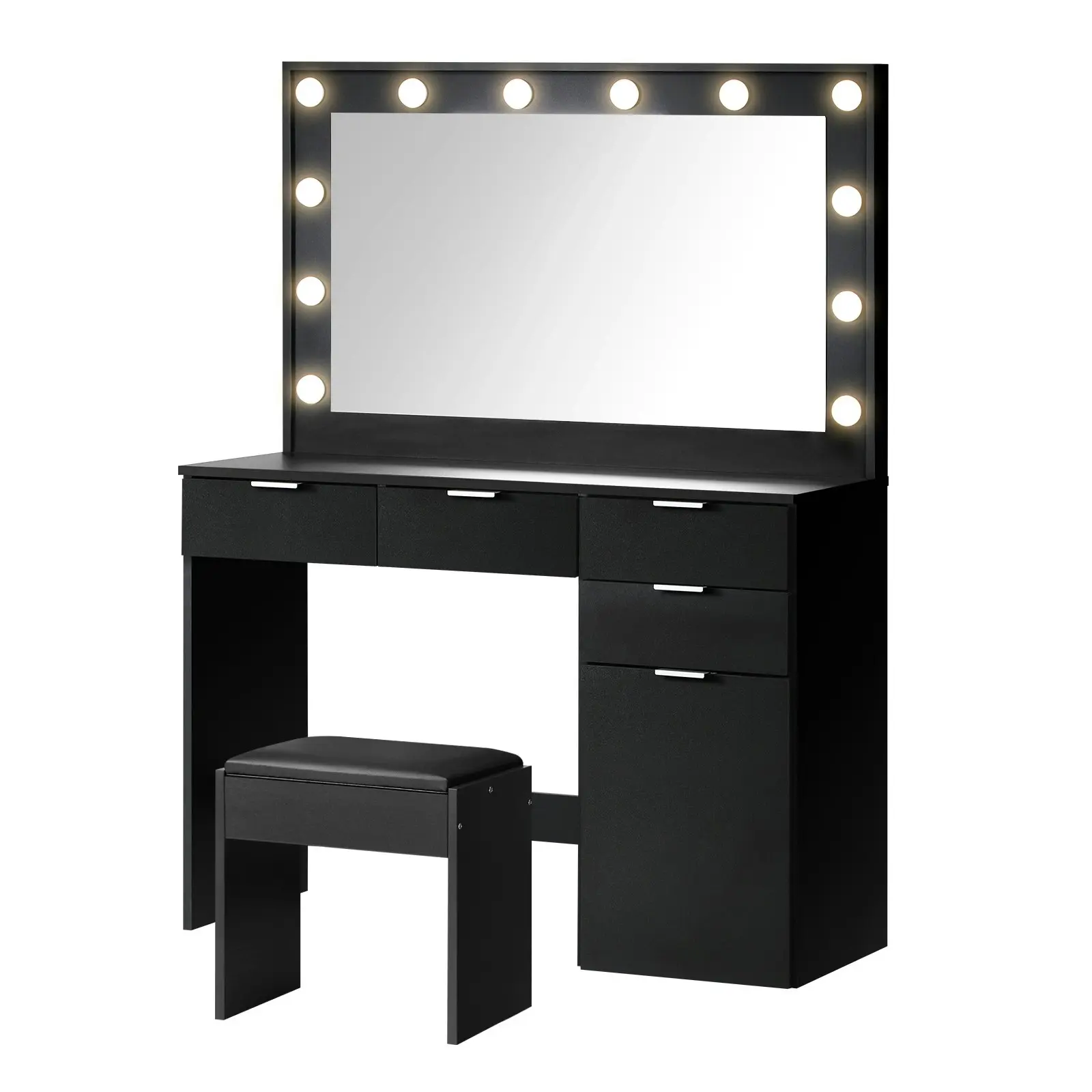 Oikiture Dressing Table Stool Set Makeup Large Mirror Dresser 12 LED Bulbs Black