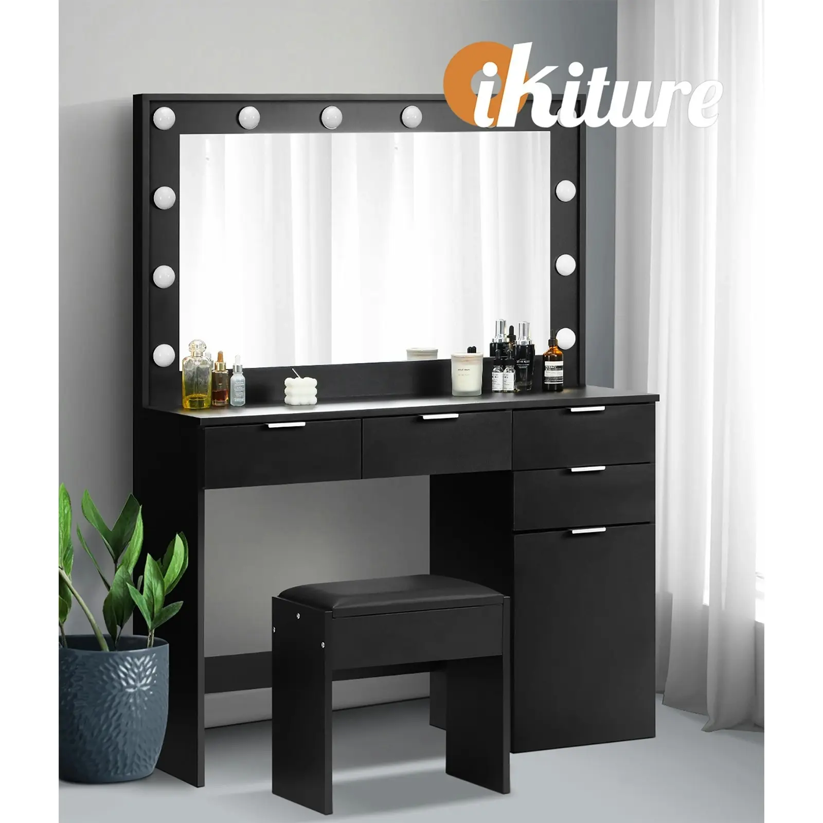 Oikiture Dressing Table Stool Set Makeup Large Mirror Dresser 12 LED Bulbs Black