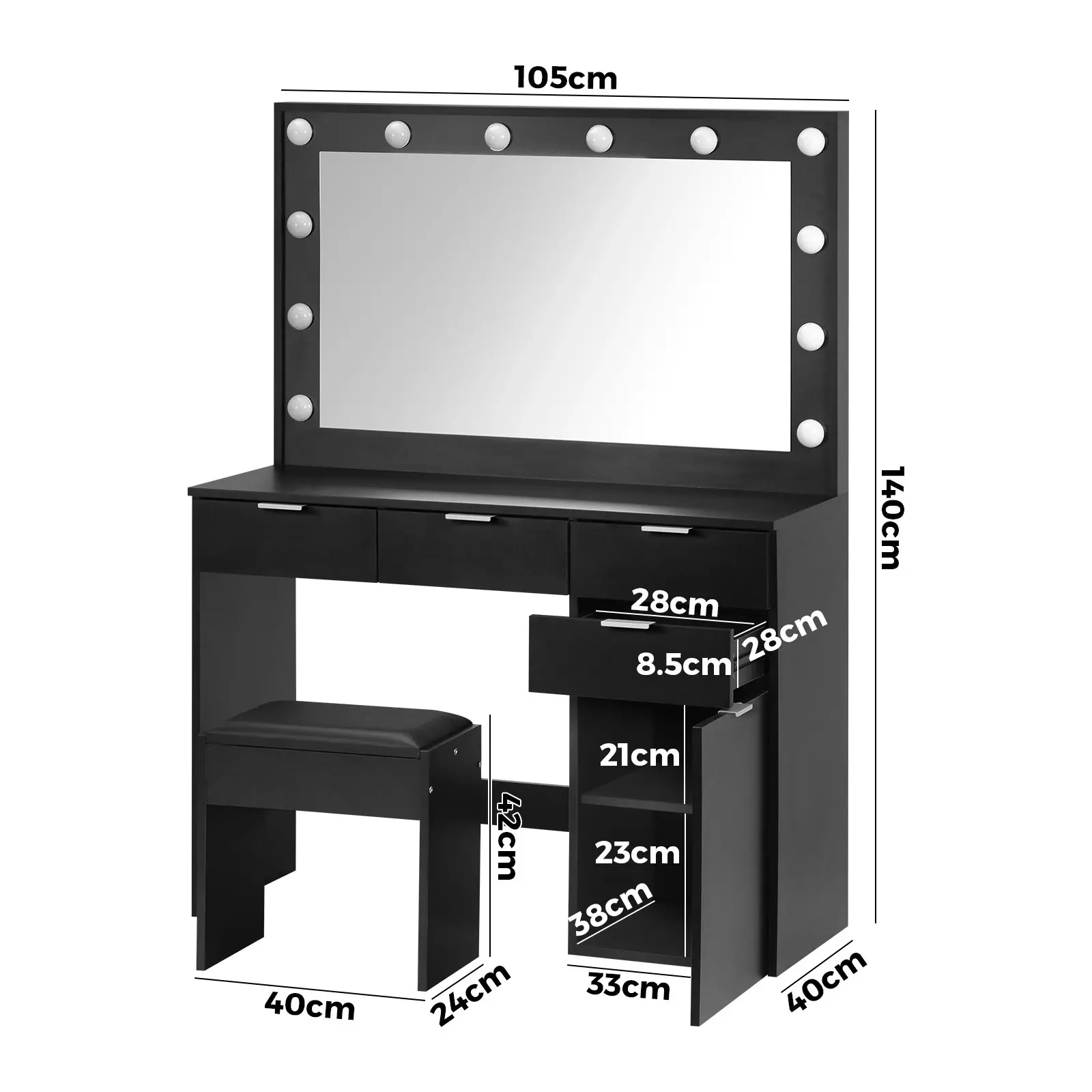 Oikiture Dressing Table Stool Set Makeup Large Mirror Dresser 12 LED Bulbs Black