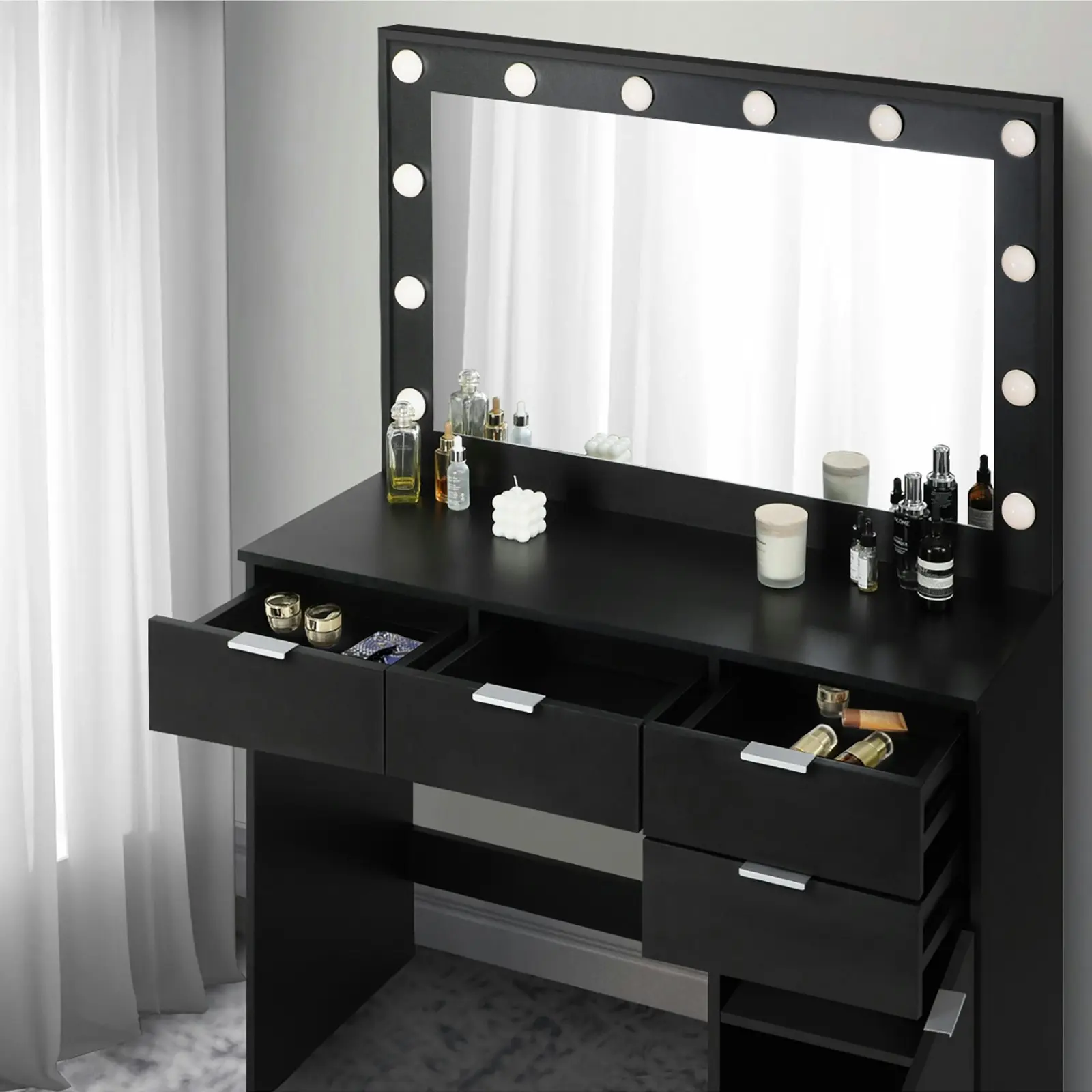 Oikiture Dressing Table Stool Set Makeup Large Mirror Dresser 12 LED Bulbs Black