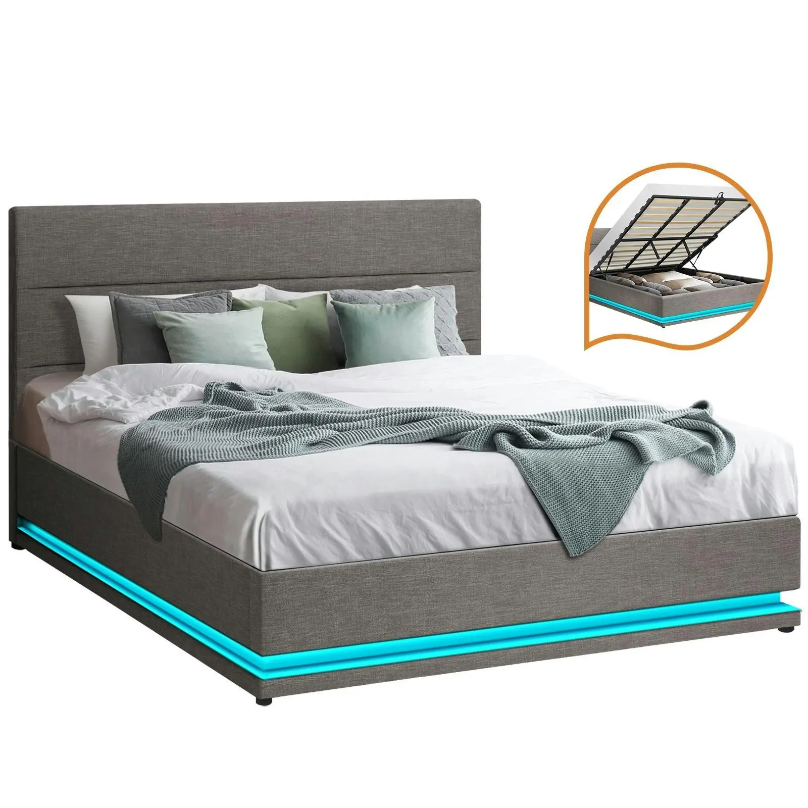 Oikiture Bed Frame King Size Bed Platform RGB LED Gas Lift Base Storage Grey