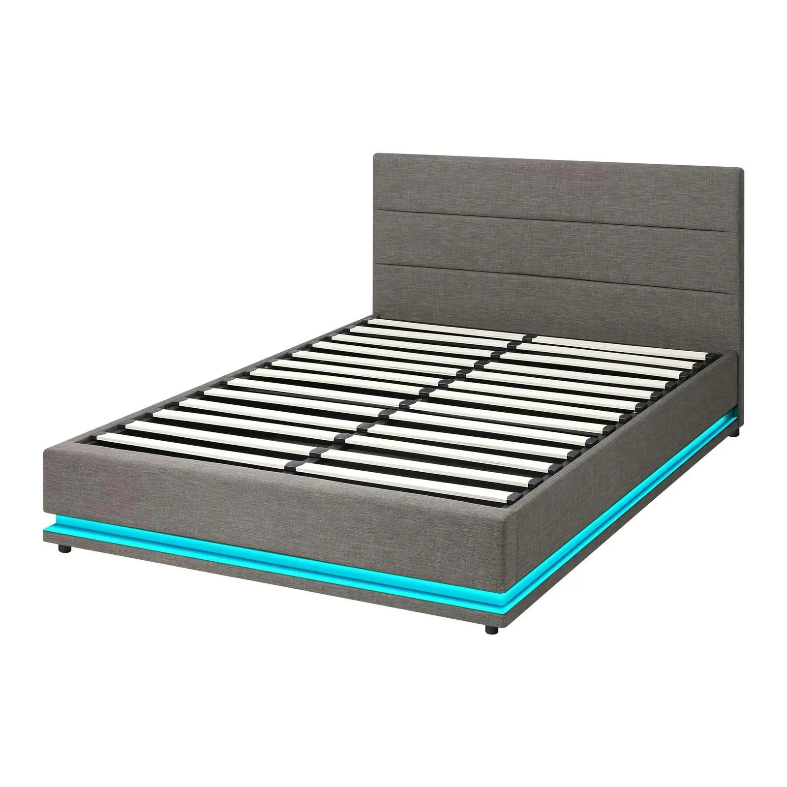 Oikiture Bed Frame Double Size Bed Platform RGB LED Gas Lift Base Storage Grey