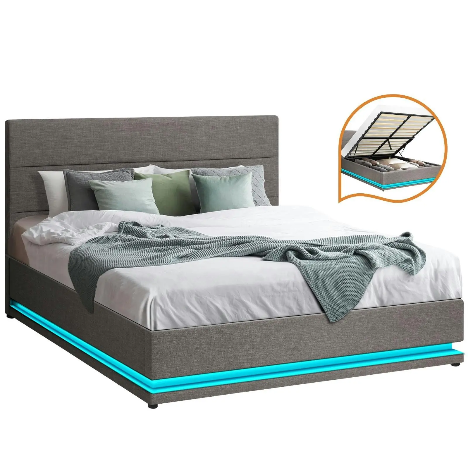 Oikiture Bed Frame Double Size Bed Platform RGB LED Gas Lift Base Storage Grey