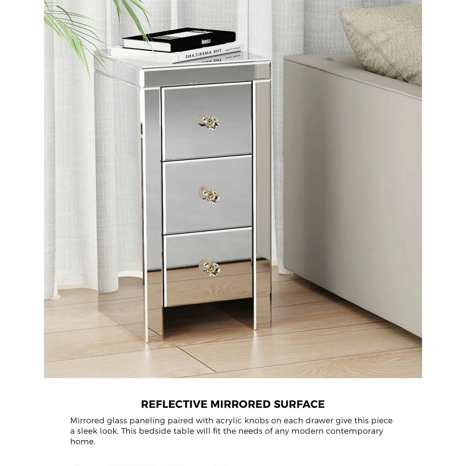 Oikiture Bedside Table 3 Drawers Side Table Nightstand Mirrored Storage Cabinet