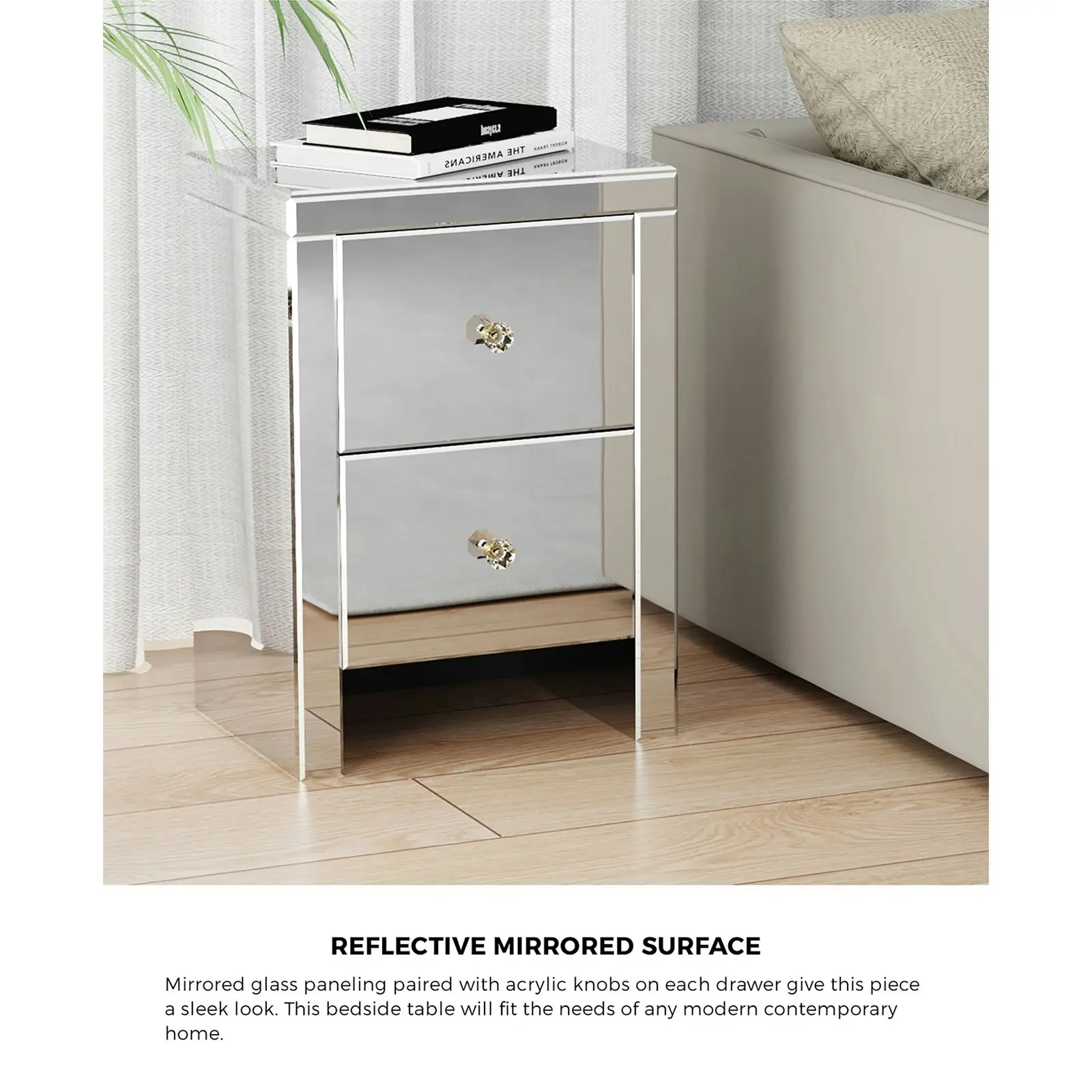 Oikiture Mirrored Storage Cabinet Bedside Table End Table w/ Acrylic Handles