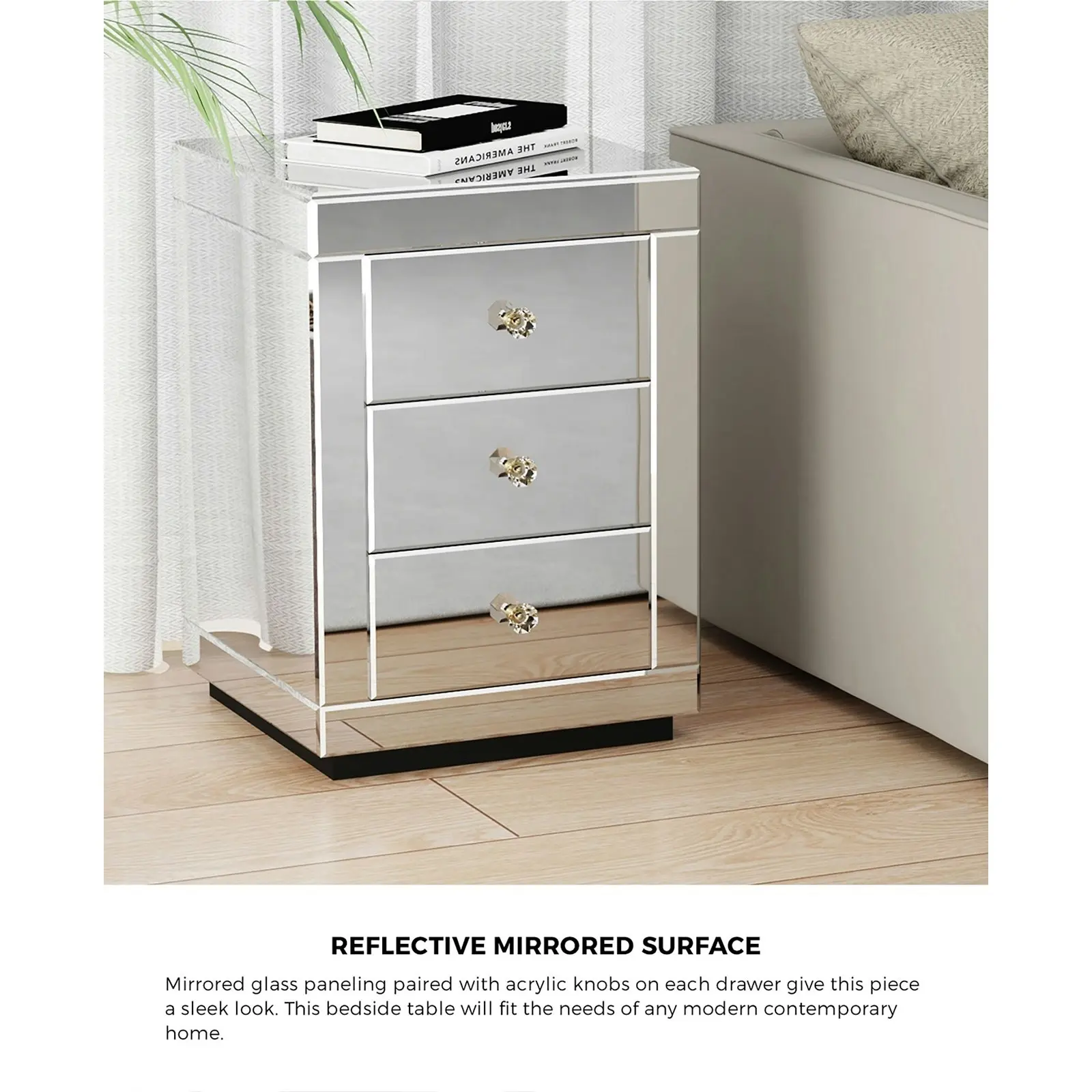 Oikiture Bedside Table Mirrored Storage 3 Drawers Cabinet Nightstand End Table