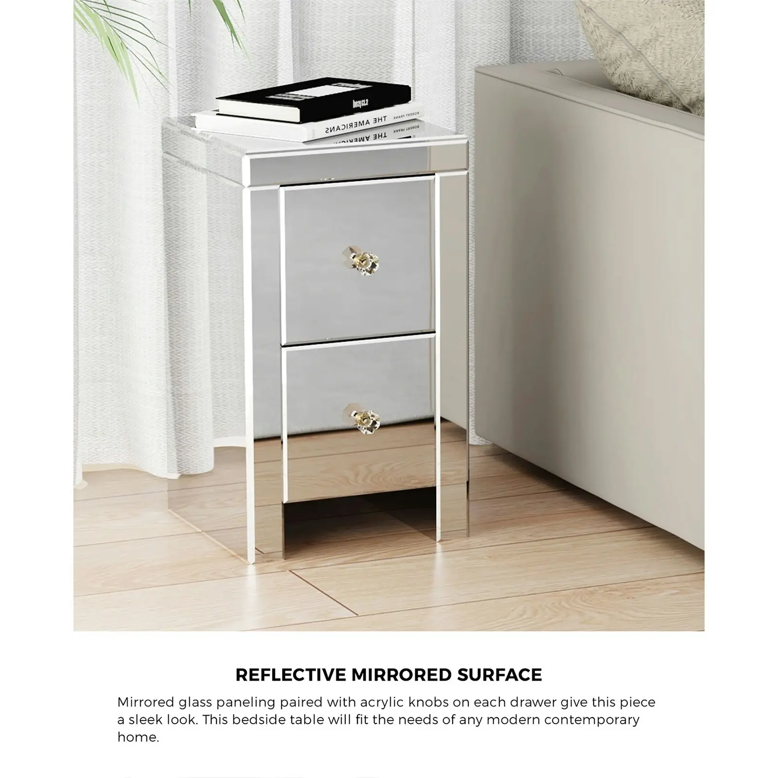 Oikiture Bedside Table Mirrored Storage Cabinet 2 Drawers Nightstand End Table