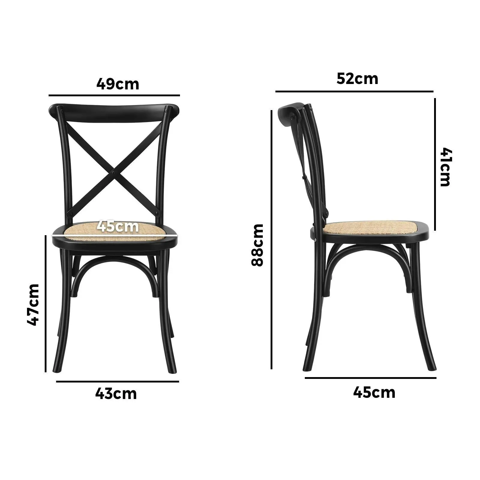 Oikiture 2PCS Crossback Dining Chair Solid Birch Timber Wood Ratan Seat Black