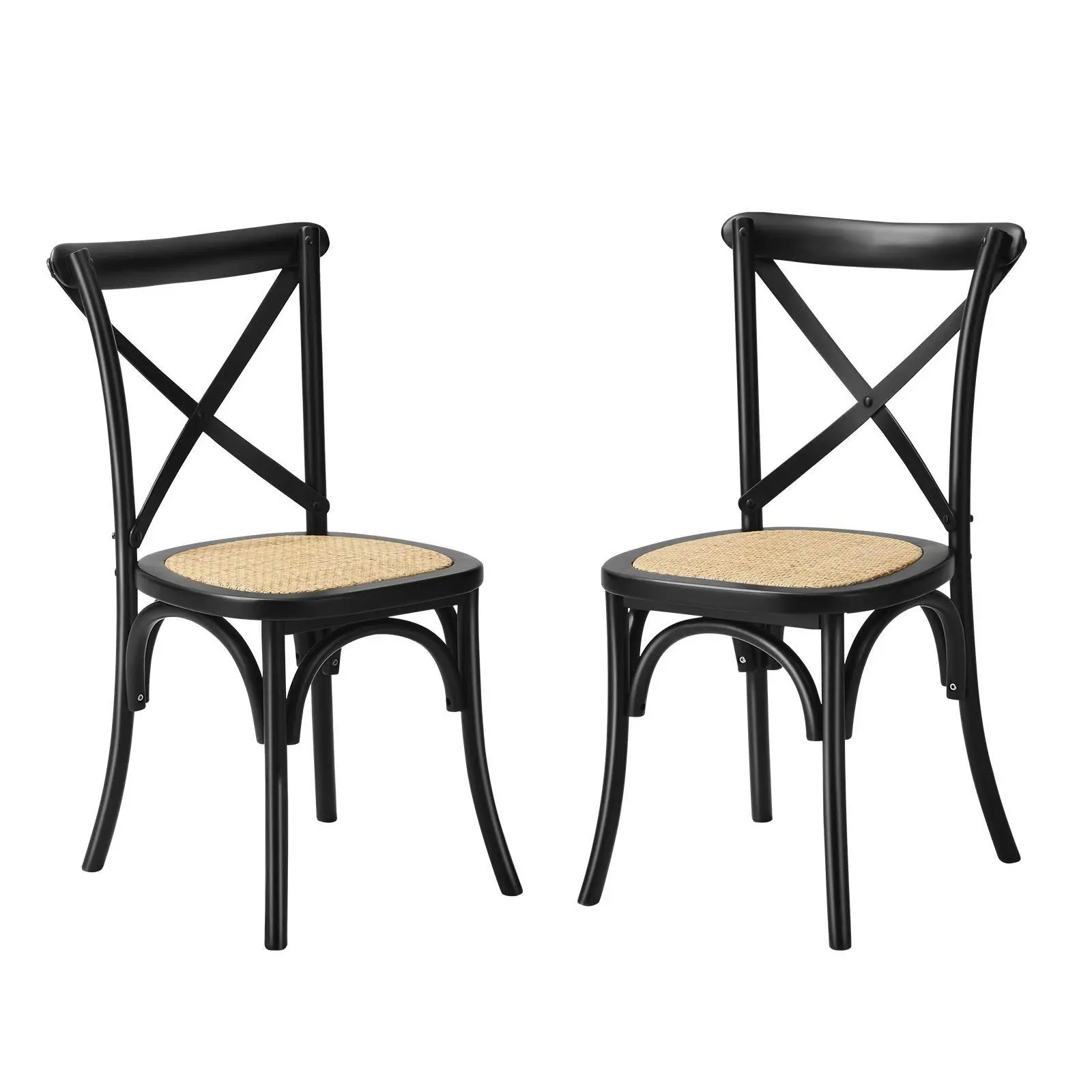 Oikiture 2PCS Crossback Dining Chair Solid Birch Timber Wood Ratan Seat Black