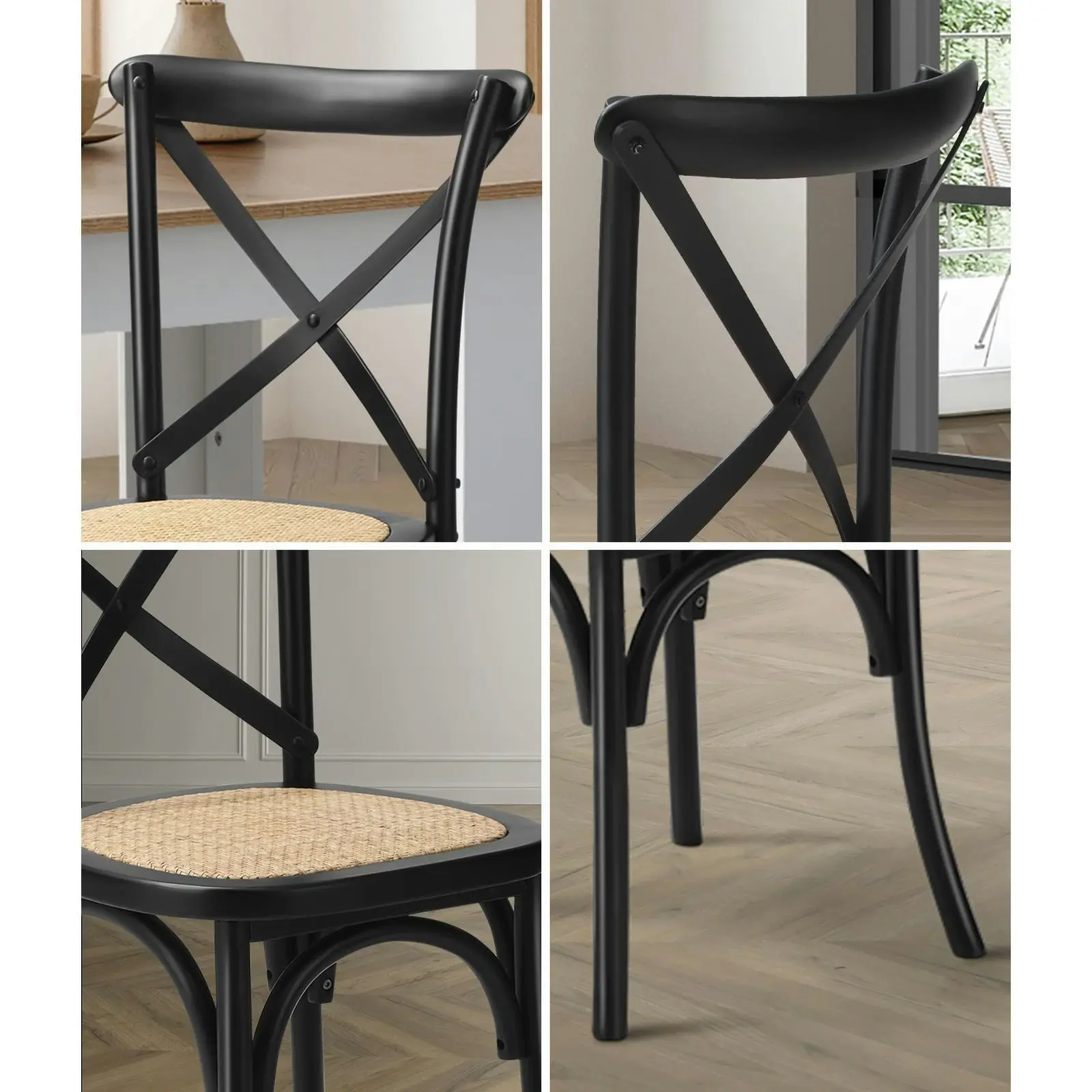 Oikiture 2PCS Crossback Dining Chair Solid Birch Timber Wood Ratan Seat Black