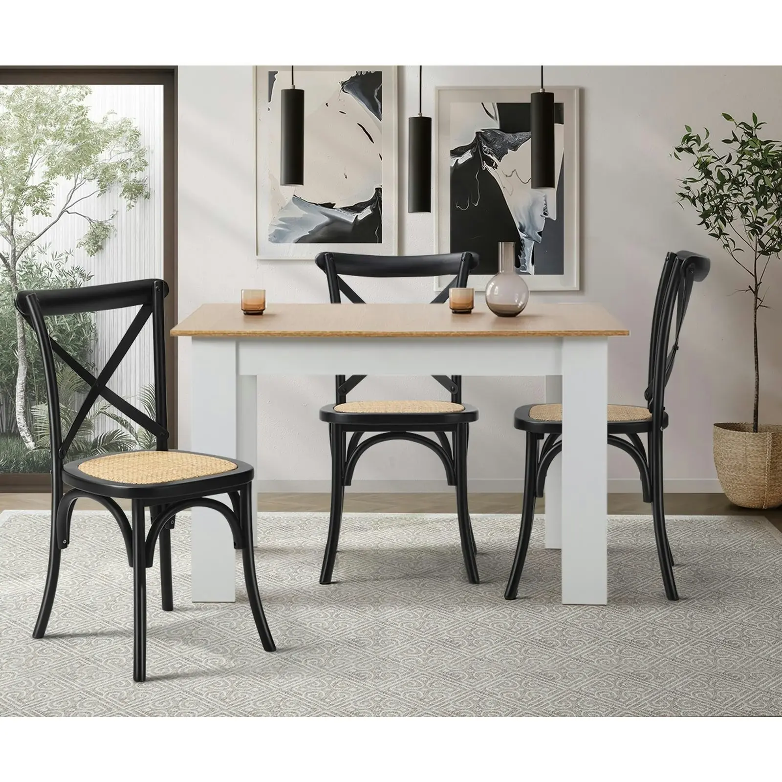 Oikiture 2PCS Crossback Dining Chair Solid Birch Timber Wood Ratan Seat Black