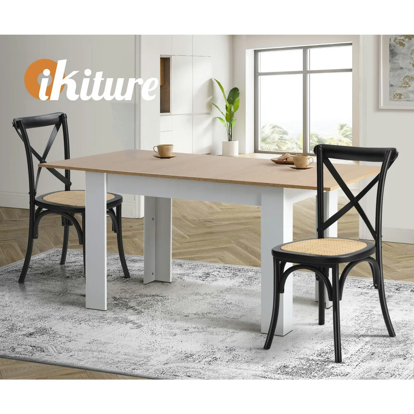 Oikiture 2PCS Crossback Dining Chair Solid Birch Timber Wood Ratan Seat Black