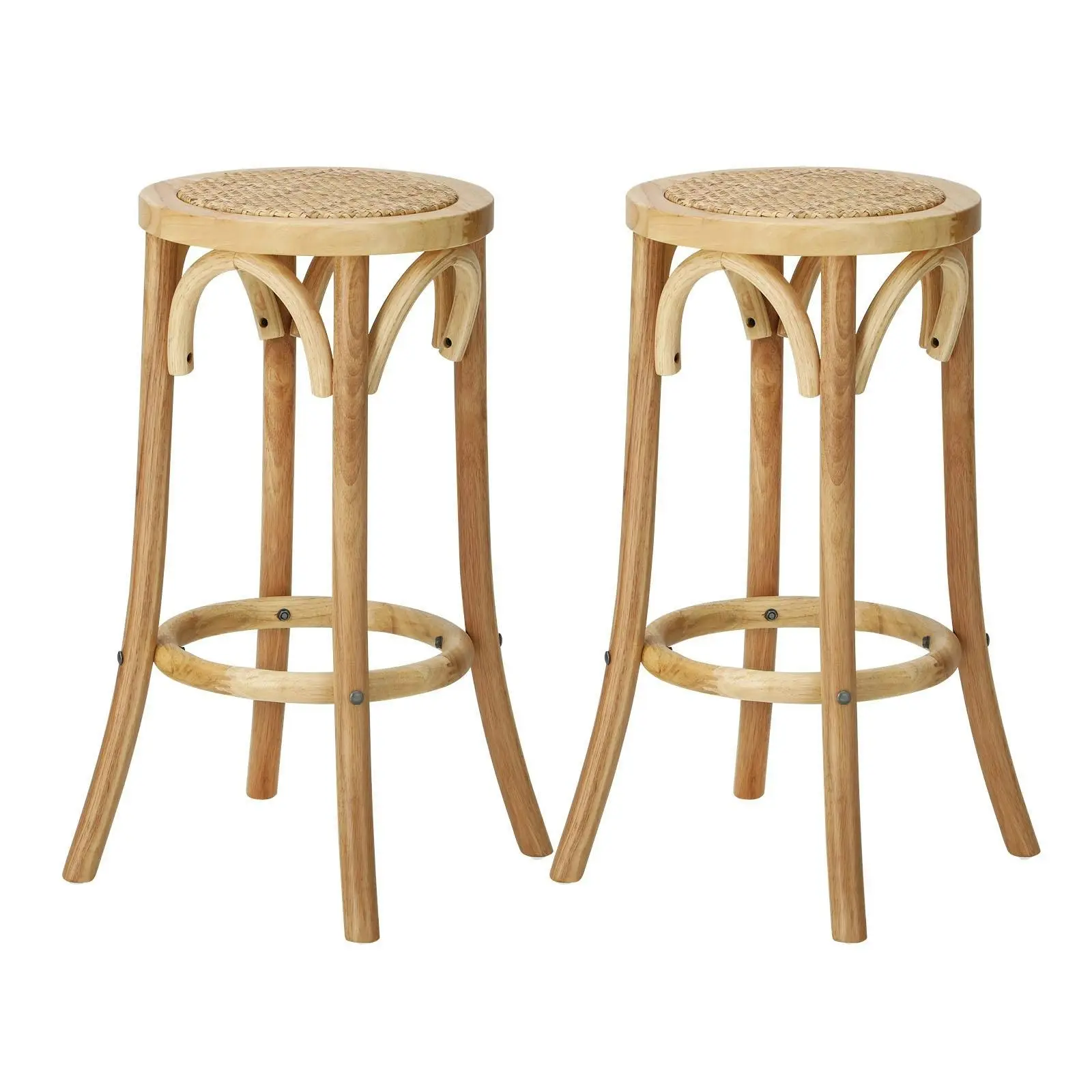 Oikiture 2x Bar Stools Kitchen Vintage Dining Chair Rattan Seat Natural